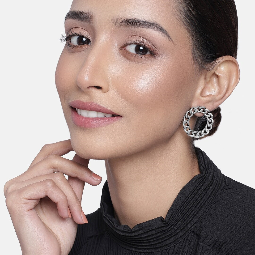 Estele Oxidized Silver Plated Designer Cuban chain circle Stud Earrings for women
