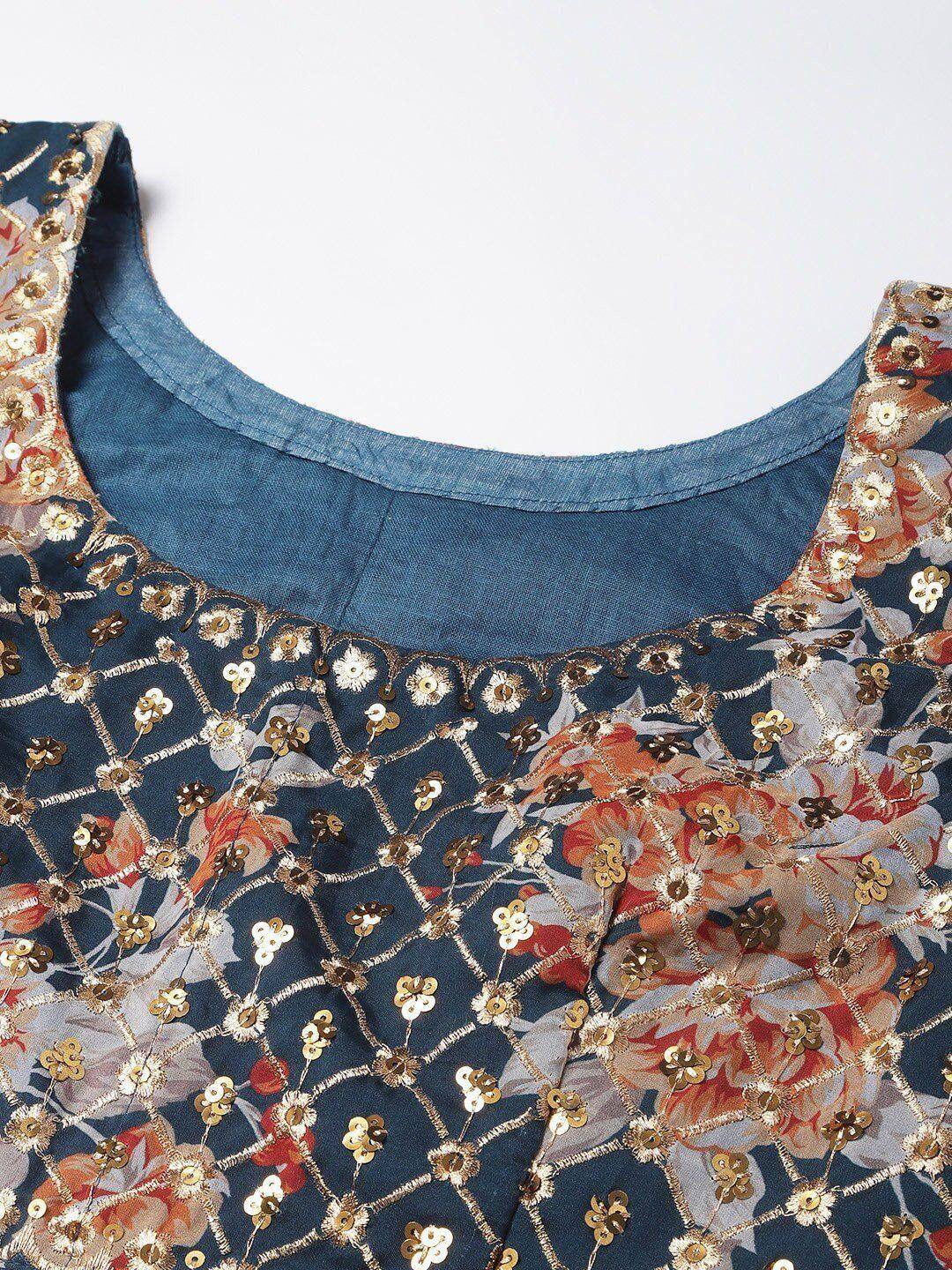 Tulsi Art Blue & Peach-Coloured Embellished Sequinned Semi-Stitched Myntra Lehenga & Unstitched Blouse