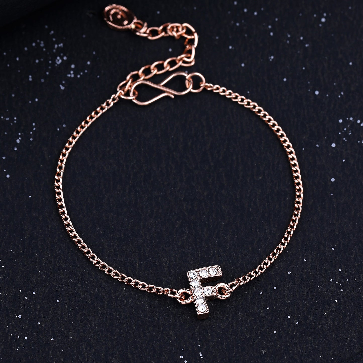 Estele Rose Gold Plated Captivating Medium 'F' Letter Bracelet with Crystals for Women
