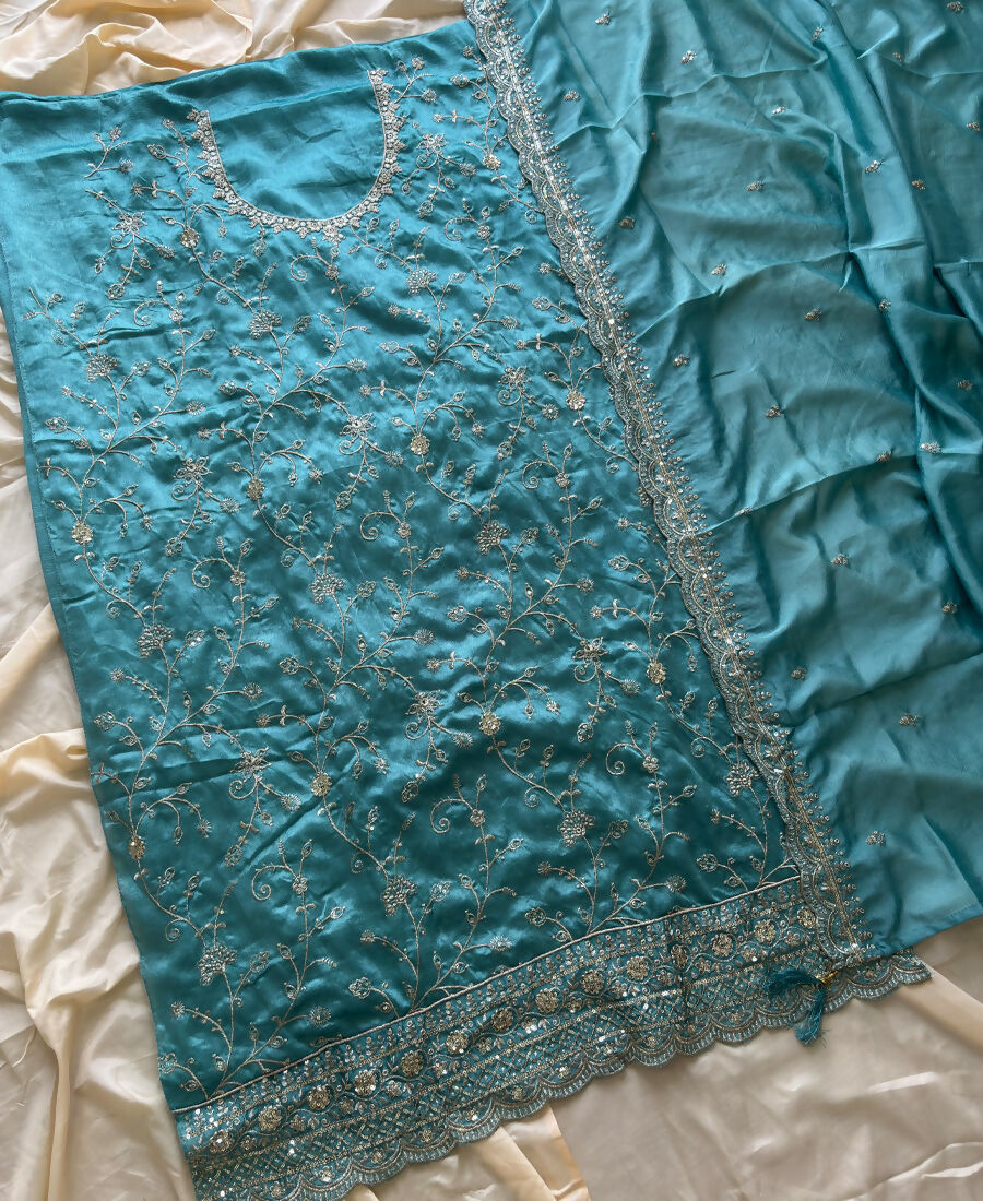 KC Sky Blue Silk Straight Suit For Women Heavy Embroidery Work