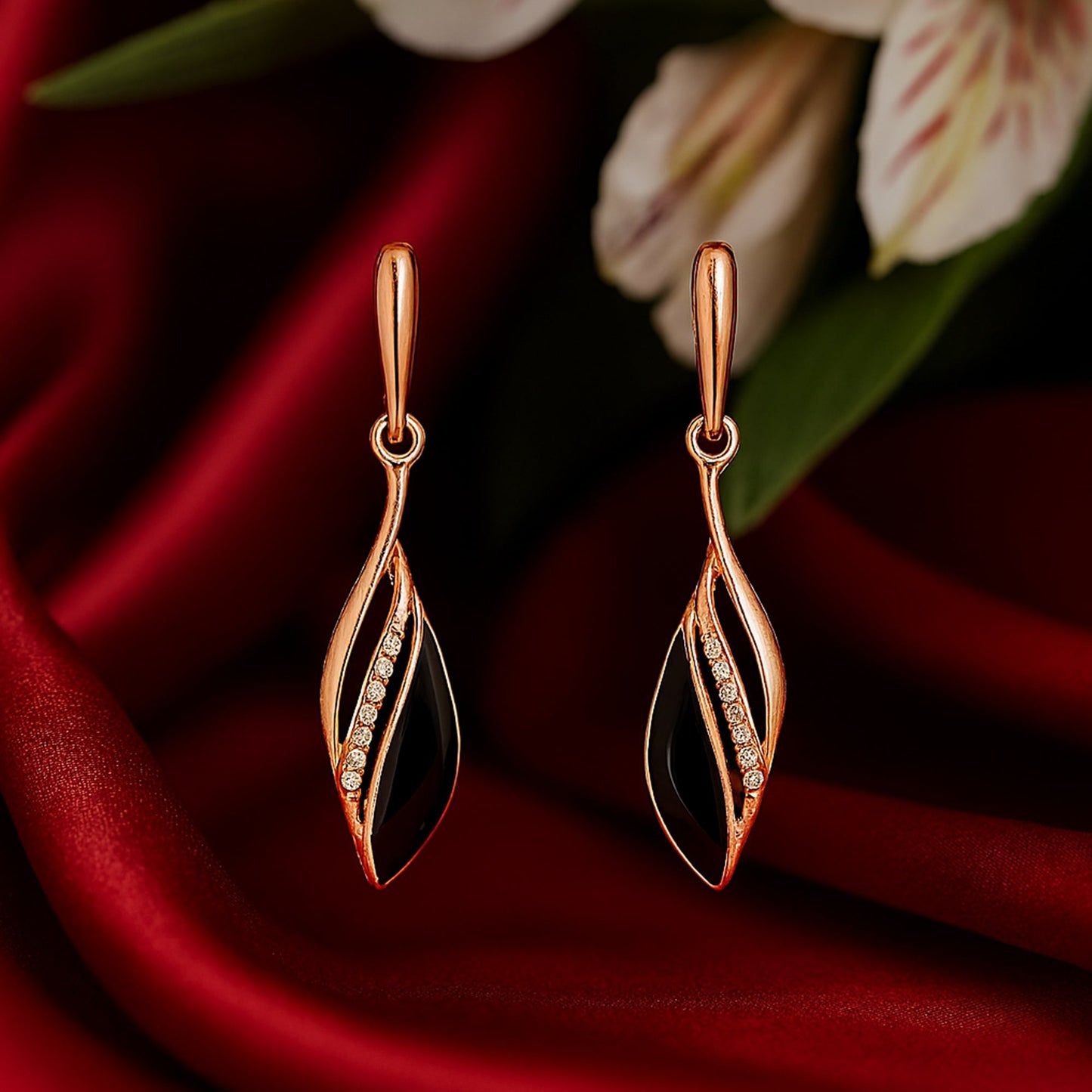 Estele Rose Gold Plated Stylish black coloured enamel hanging earrings for women