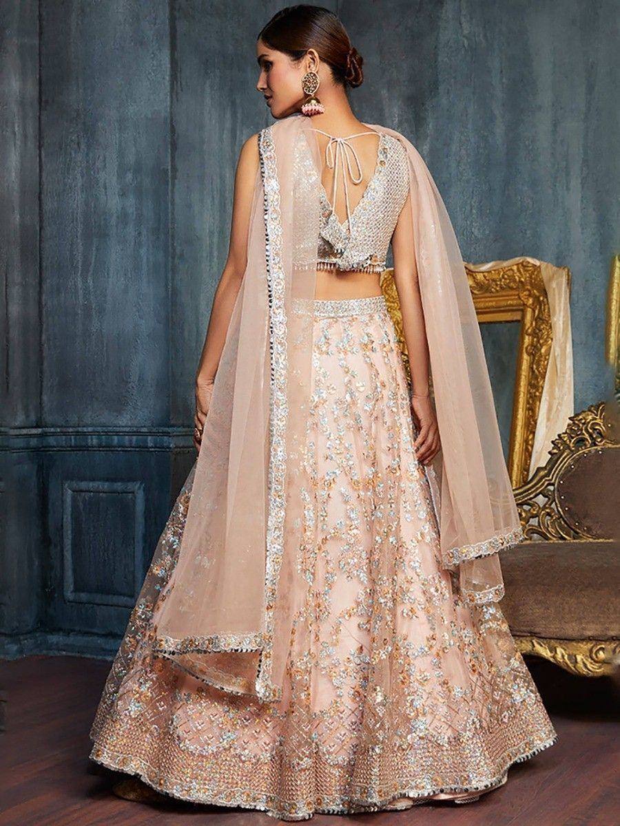 Tulsi Art Charming Peach Sequins Net Engagement Wear Lehenga Choli With Dupatta