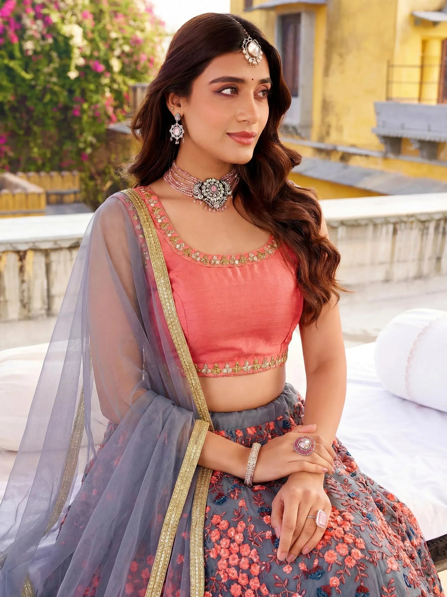 Tulsi Art Incredible Grey Embroidered Net Festival Wear Lehenga Choli