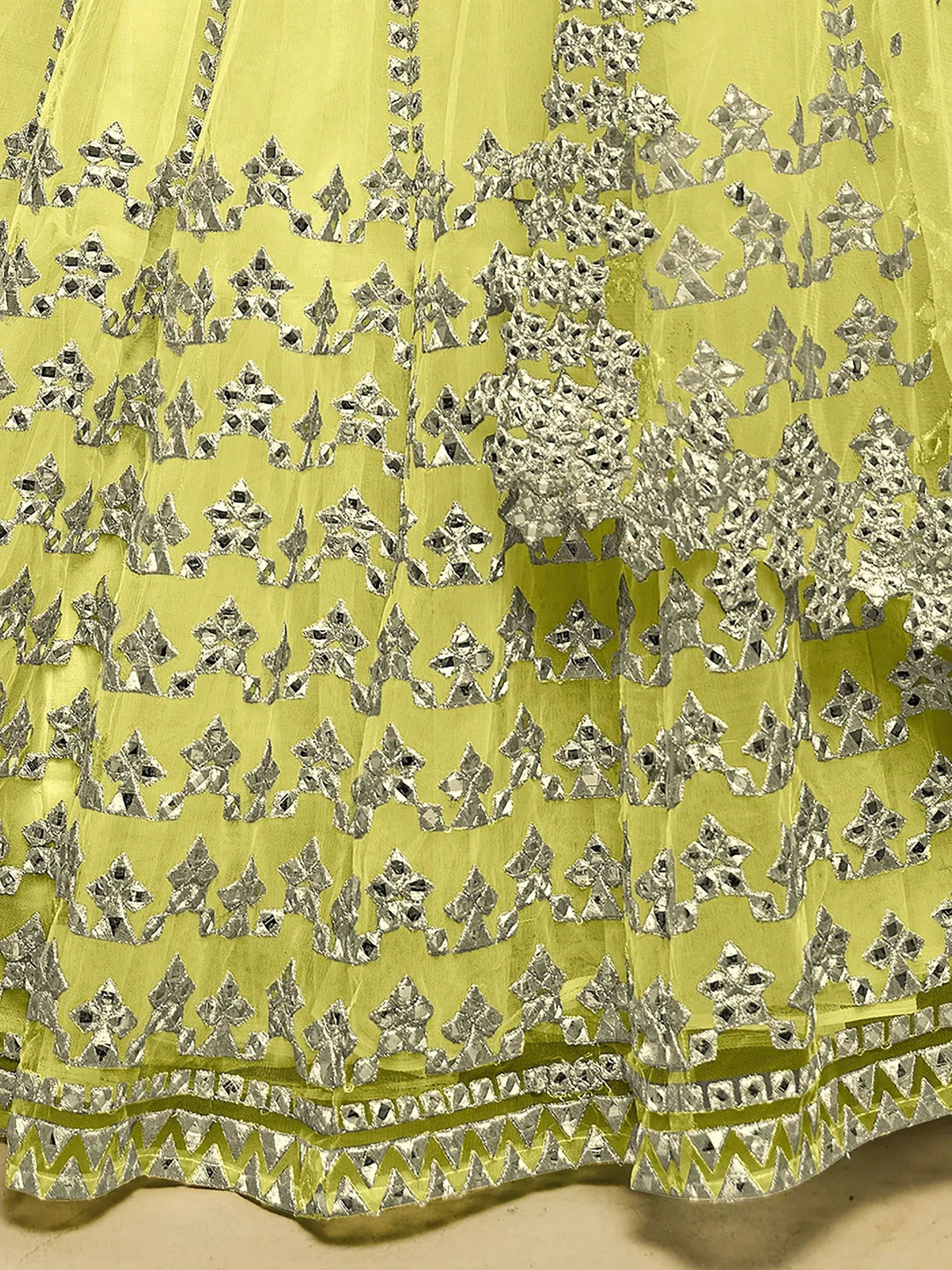 Tulsi Art Captivating Lime Yellow Foil Work Net Engagement Wear Lehenga Choli
