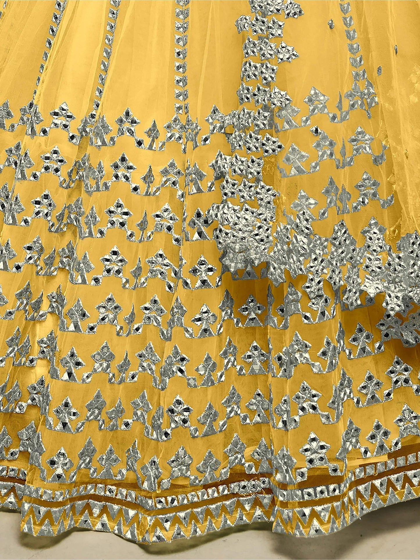 Tulsi Art Magnetic Yellow Foil Work Net Haldi Wear Lehenga Choli With Dupatta