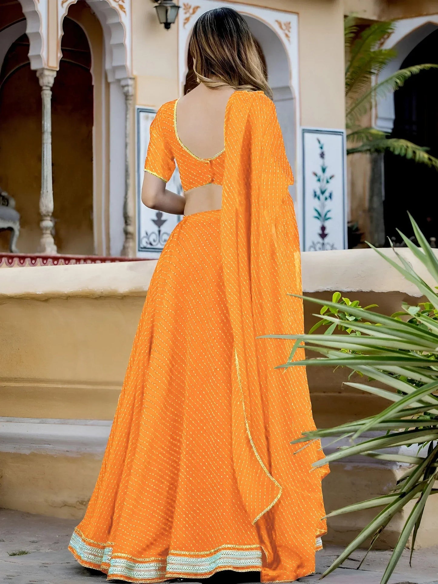 Tulsi Art Pretty Orange Leheriya Print Georgette Wedding Lehenga Choli