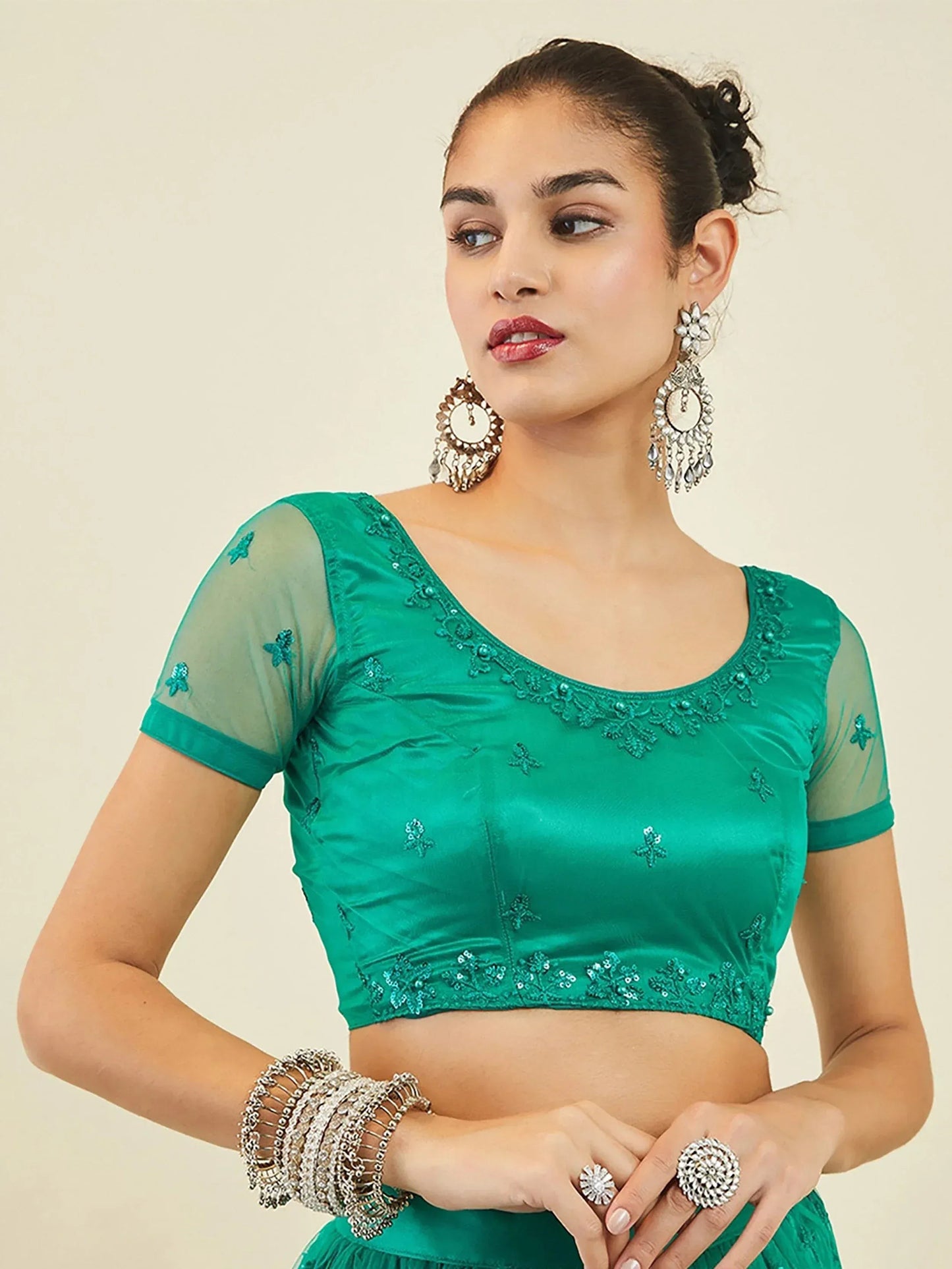 Tulsi Art Dazzling Teal Green Sequins Net Lehenga Choli With Dupatta