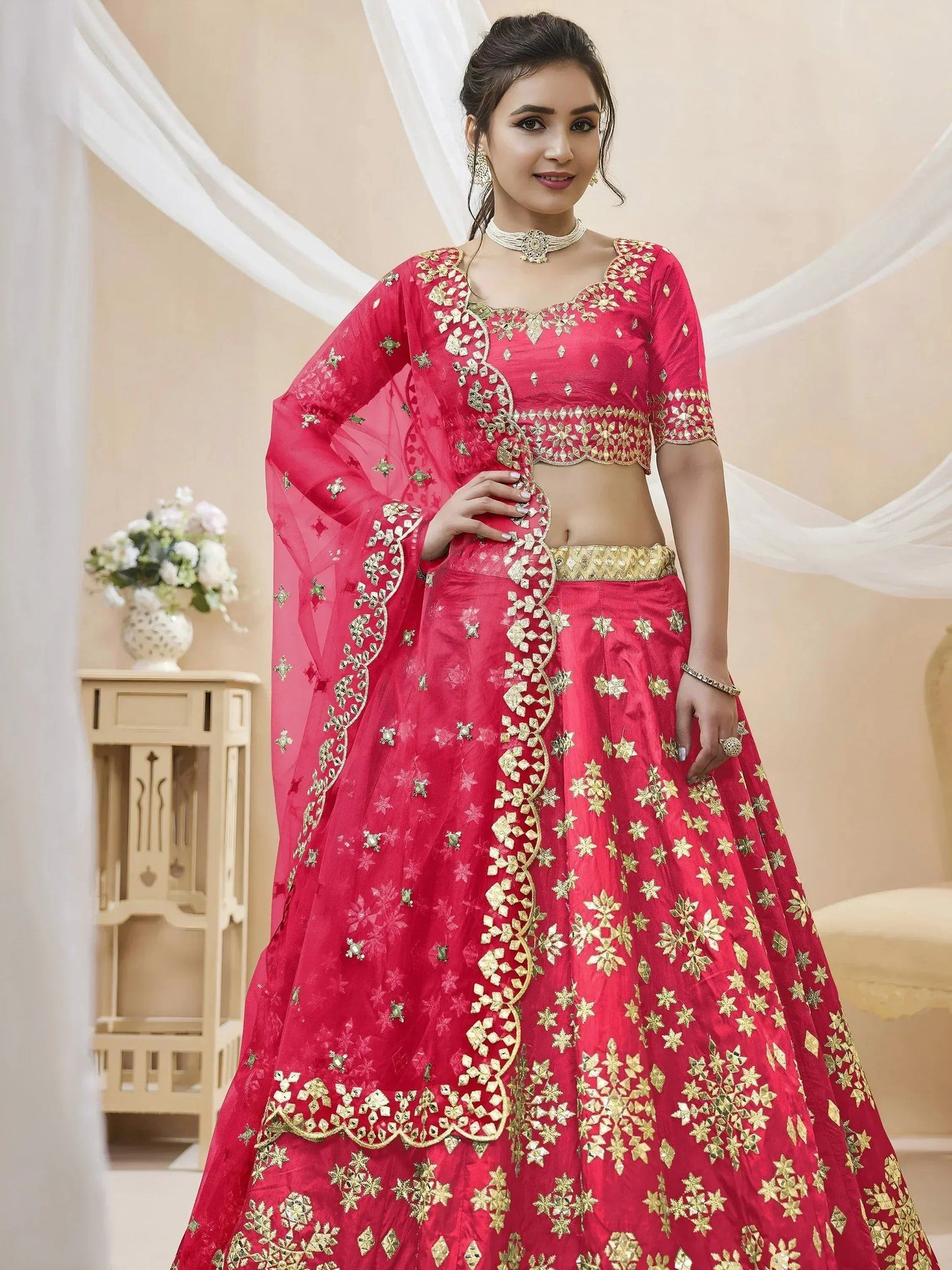 Tulsi Art Outstanding Pink Zari Work Art Silk Reception Wear Lehenga Choli