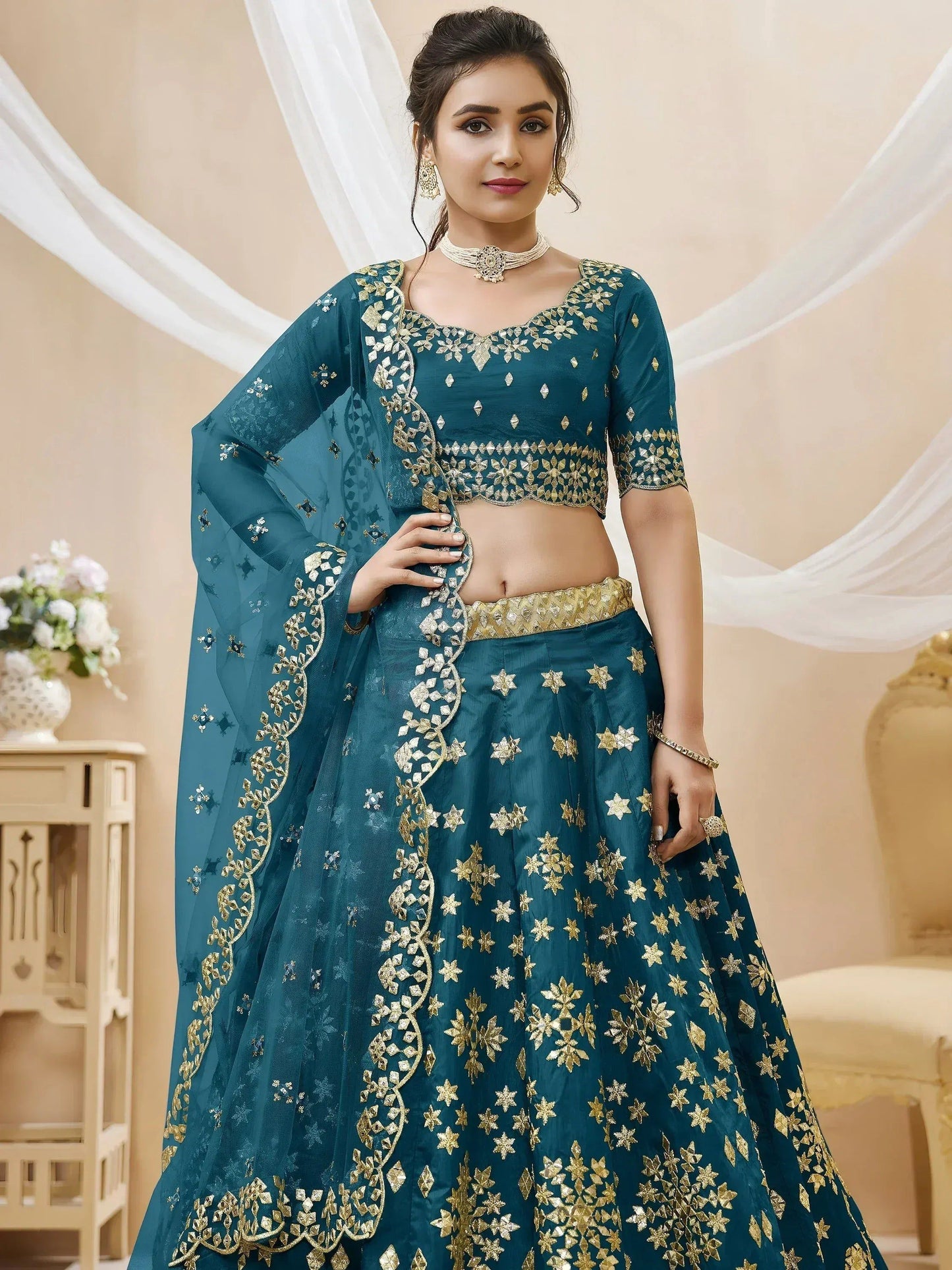 Tulsi Art Irresistible Blue Zari Work Art Silk Wedding Wear Lehenga Choli
