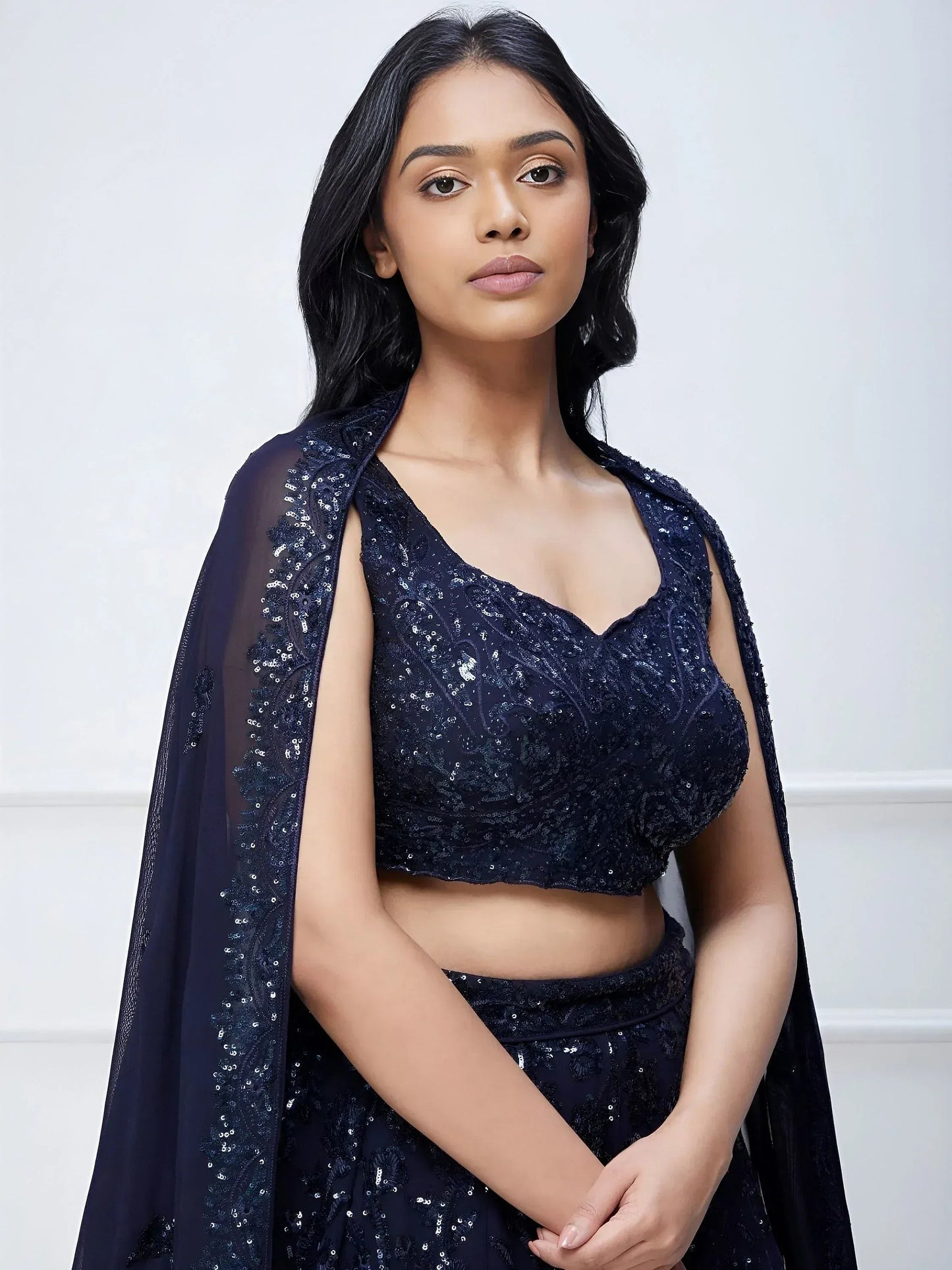 Tulsi Art Amazing Navy Blue Sequins Georgette Reception Wear Lehenga Choli