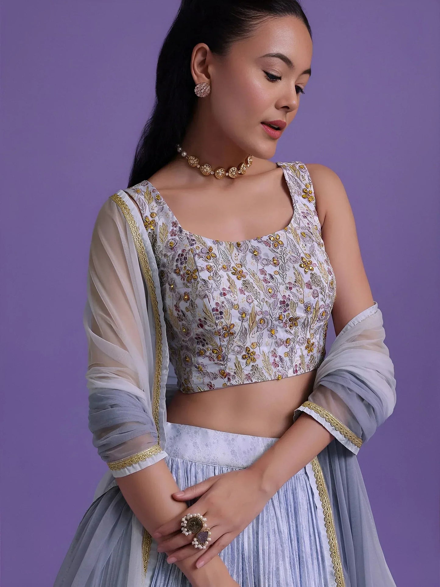 Tulsi Art Delightful Blue Floral Printed Georgette Festival Wear Lehenga Choli