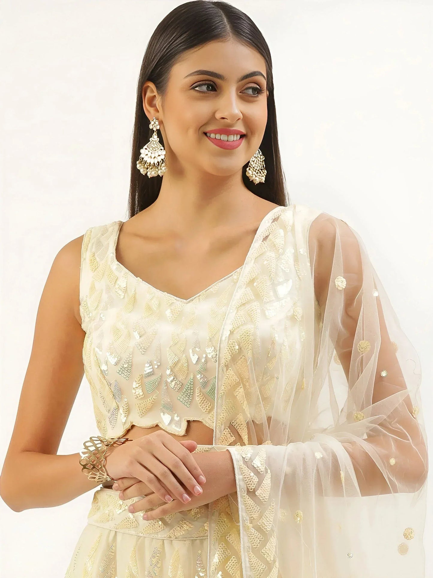 Tulsi Art Attractive Beige Sequins Net Wedding Wear Lehenga Choli With Dupatta