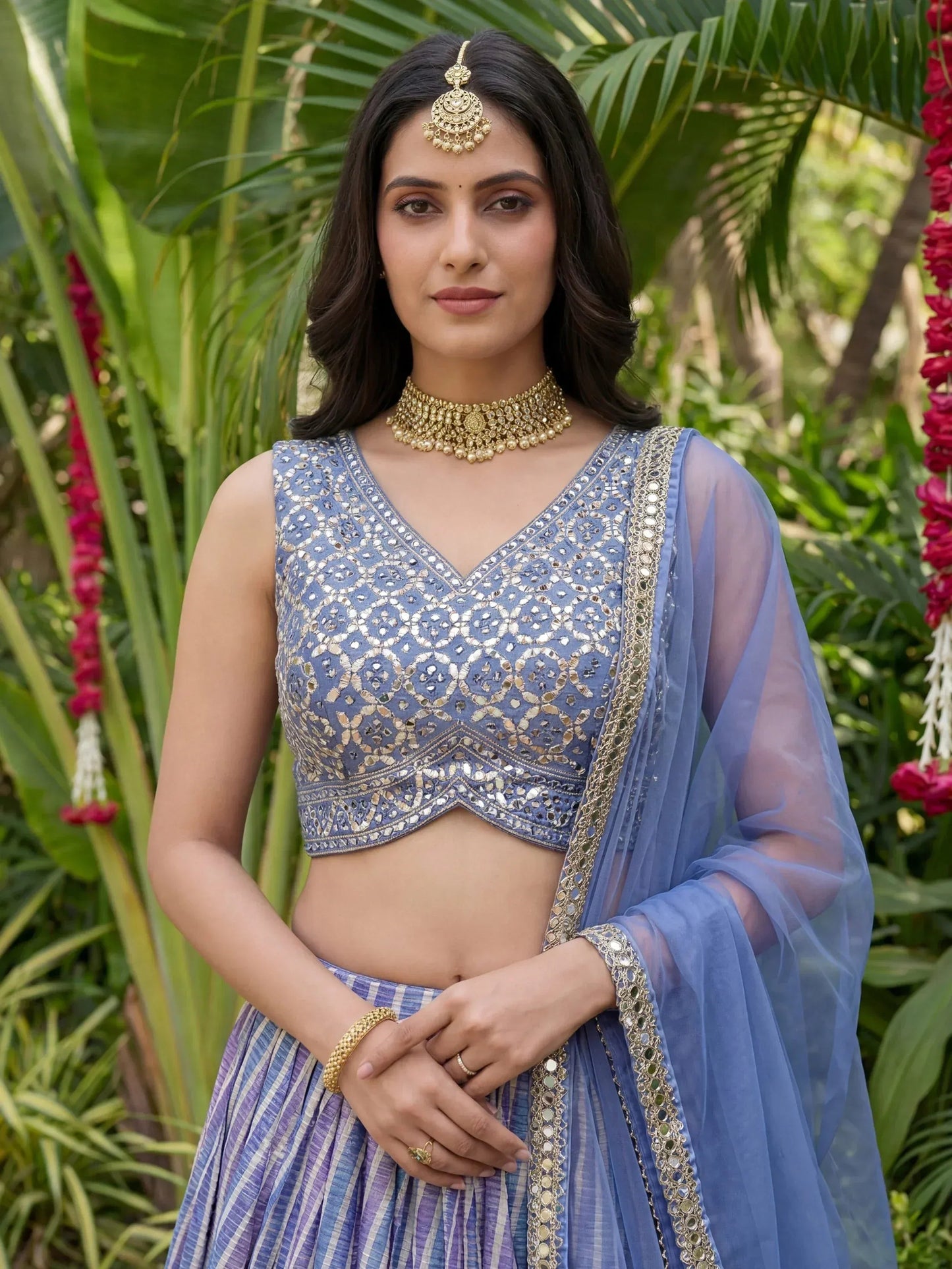 Tulsi Art Classic Lavender Leheriya Printed Organza Wedding Wear Lehenga Choli