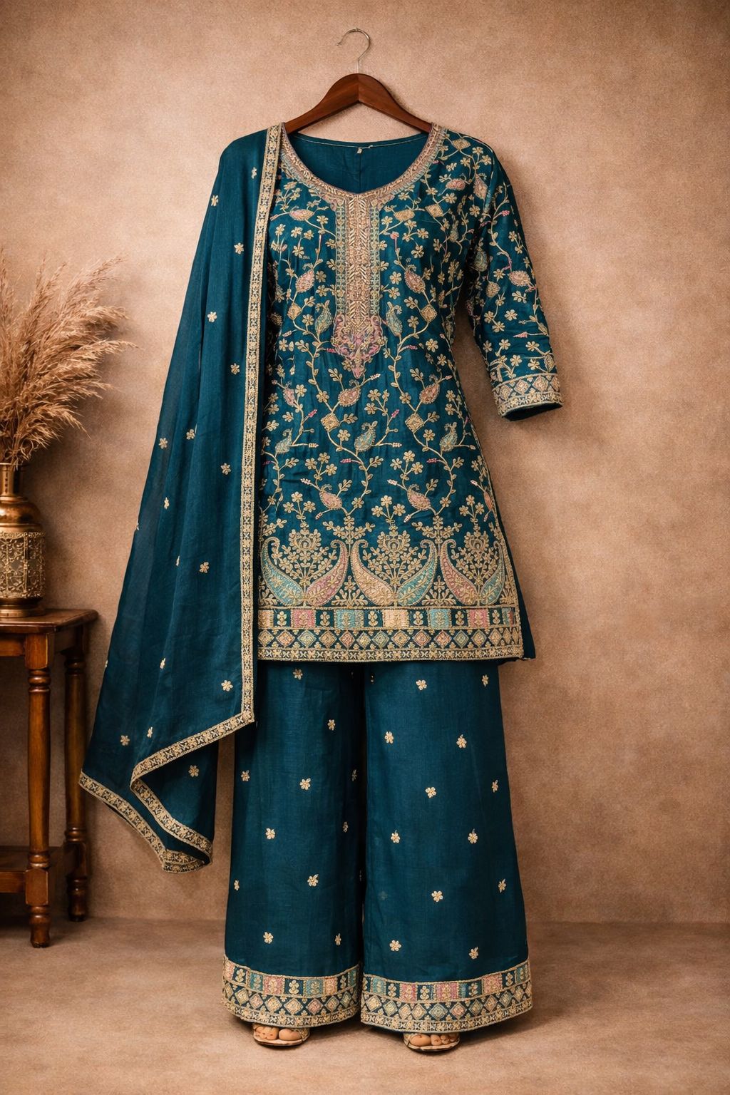 Anaita Teal Chinon Stitched Plazzo Suit With Embroidery Work