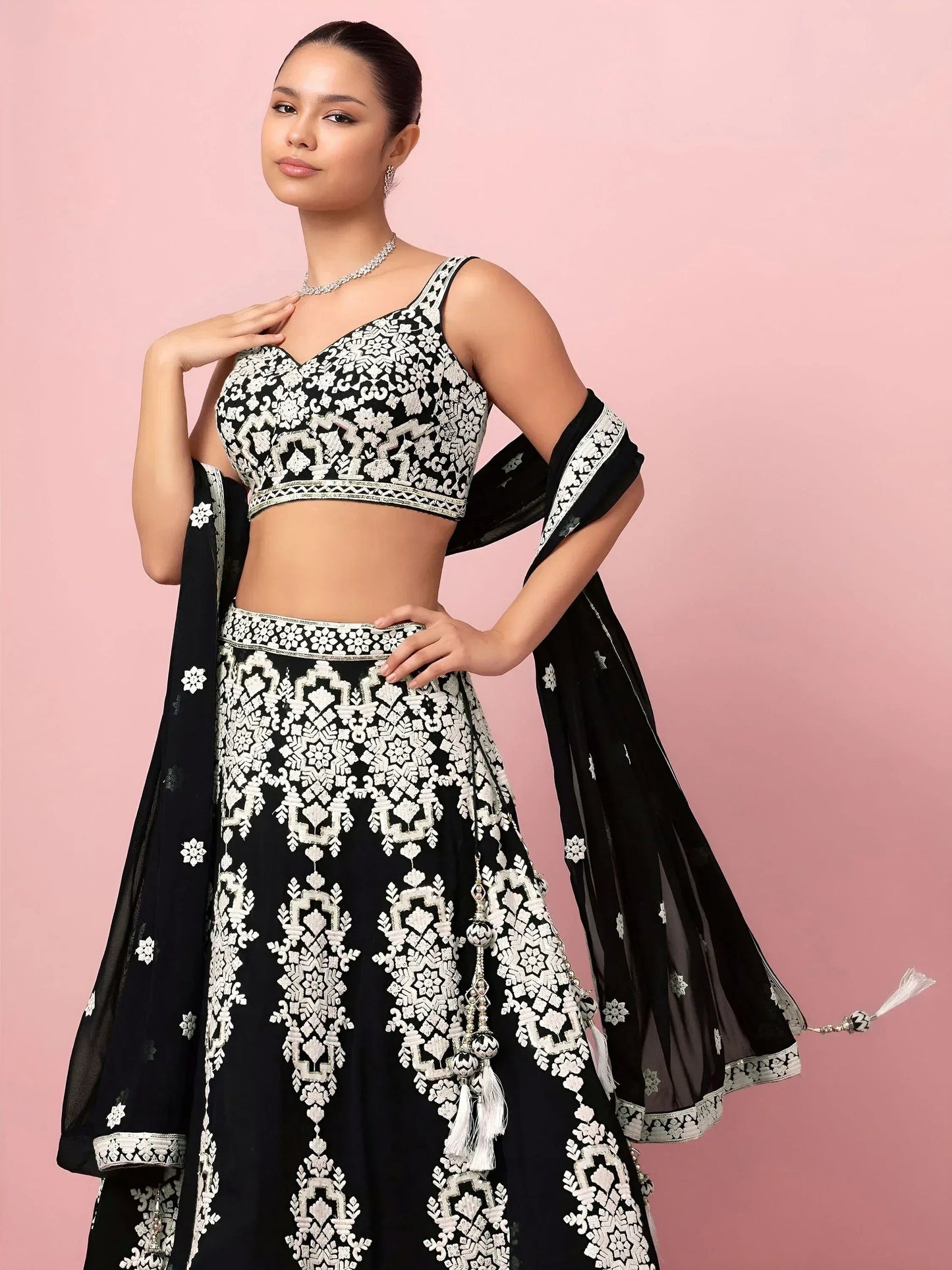 Tulsi Art Captivating Black Thread Work Georgette Reception Wear Lehenga Choli