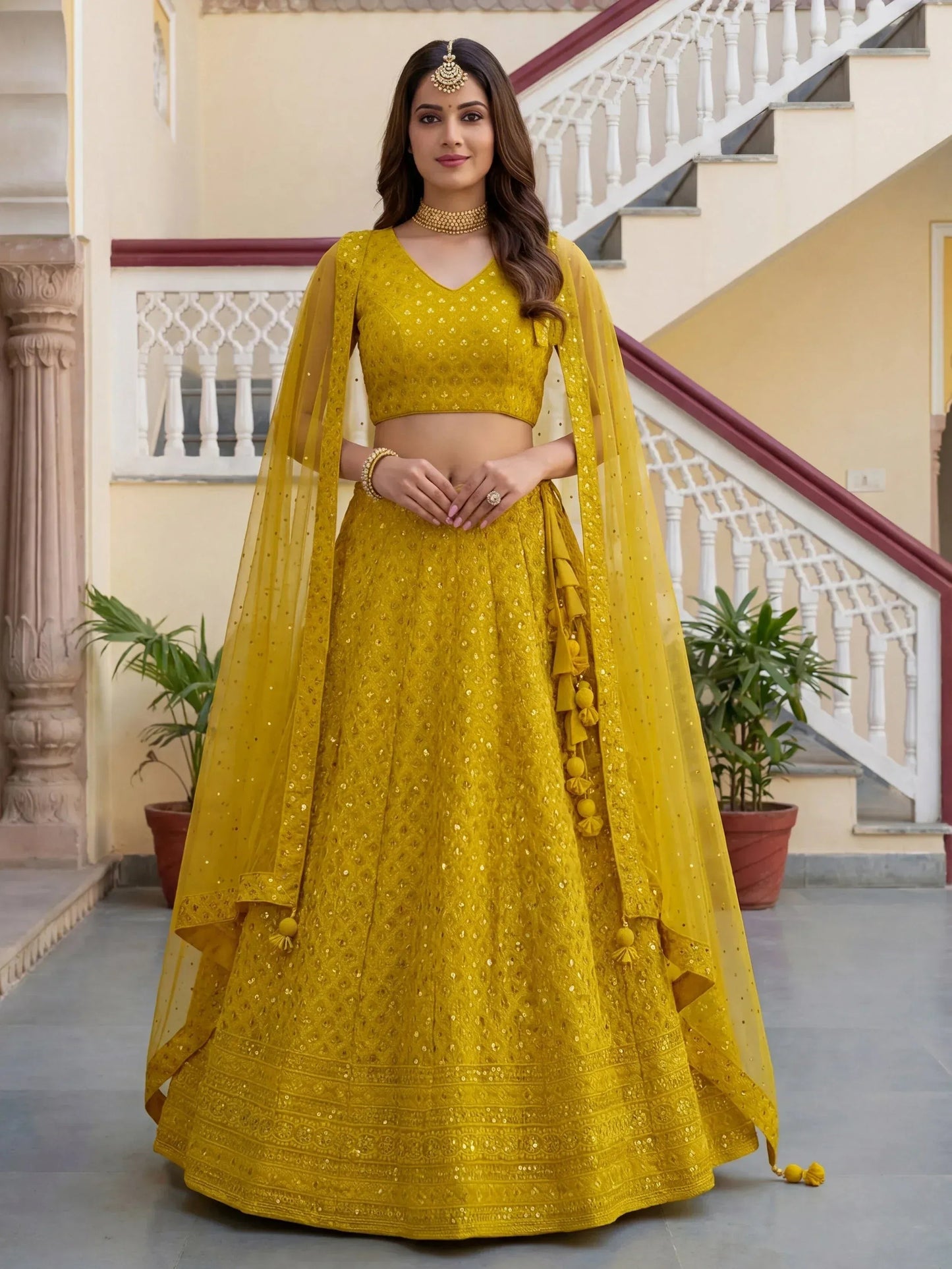 Tulsi Art Fantastic Yellow Embroidered Georgette Haldi Wear Lehenga Choli