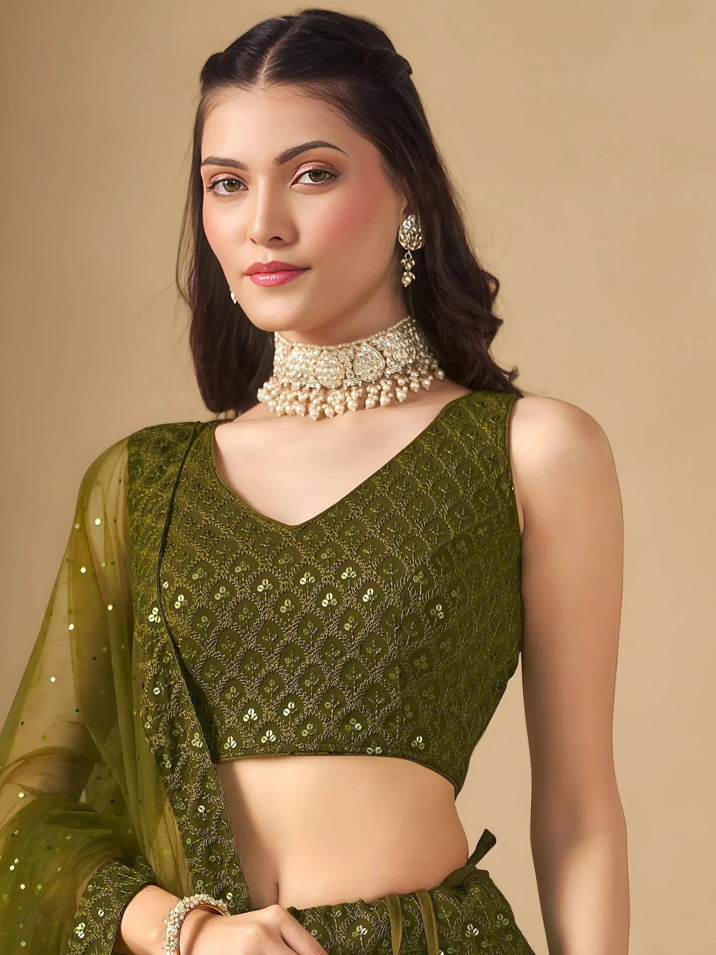 Tulsi Art Stunning Mehendi Green Sequins Georgette Monochrome Lehenga Choli