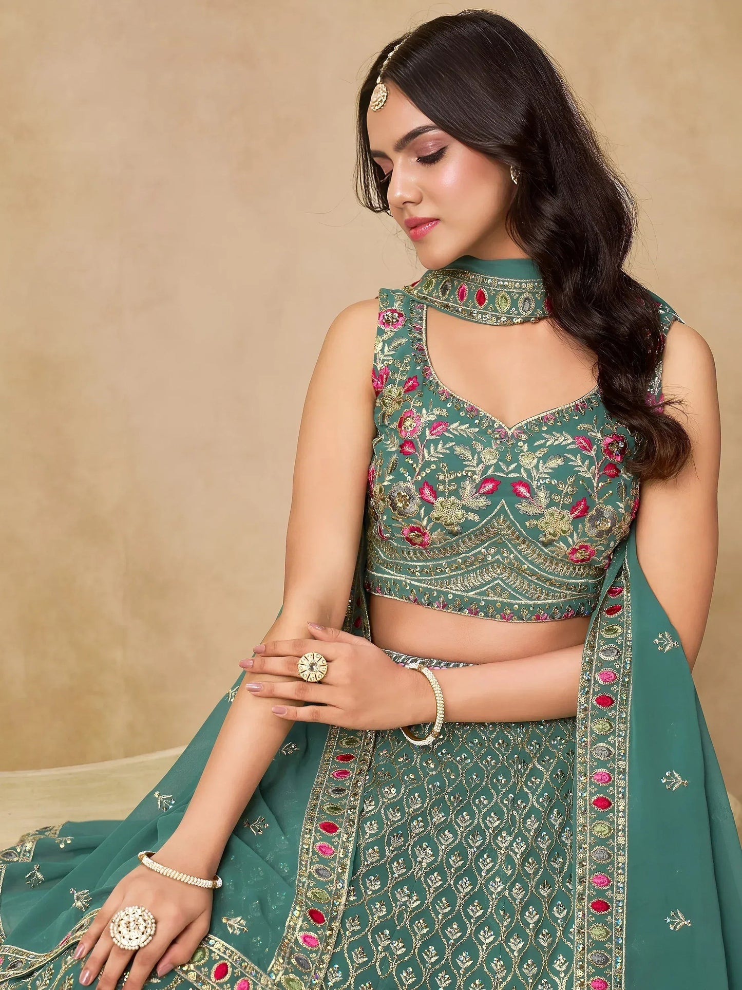 Tulsi Art Charming Green Zari Embroidered Georgette Wedding Wear Lehenga Choli