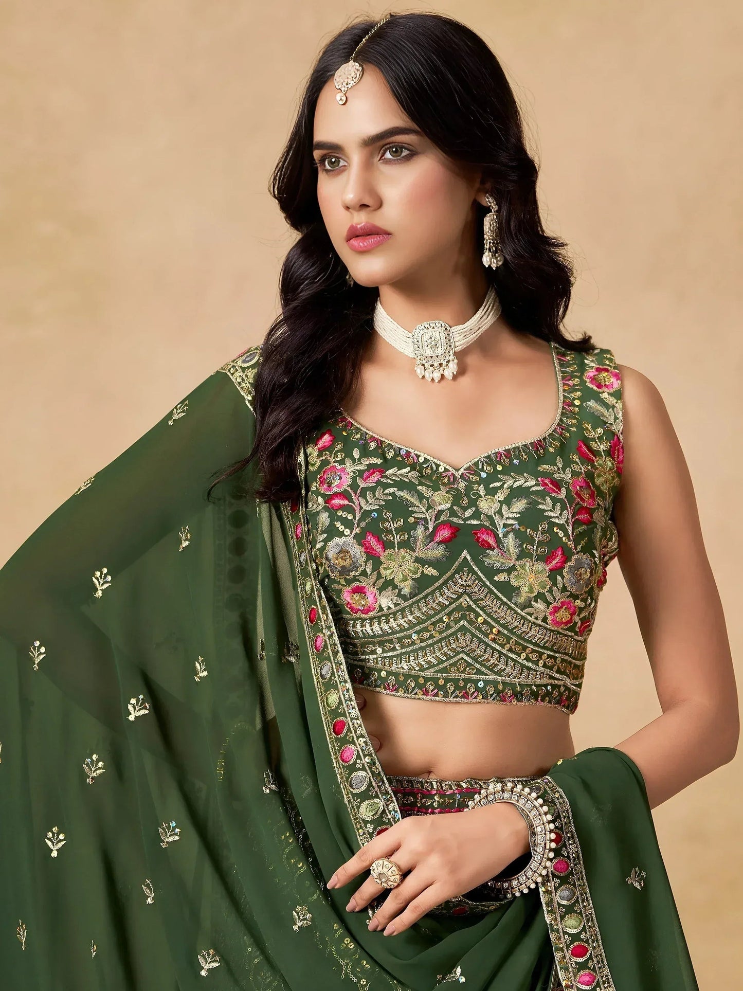 Tulsi Art Beautiful Green Zari Embroidered Georgette Mehendi Wear Lehenga Choli
