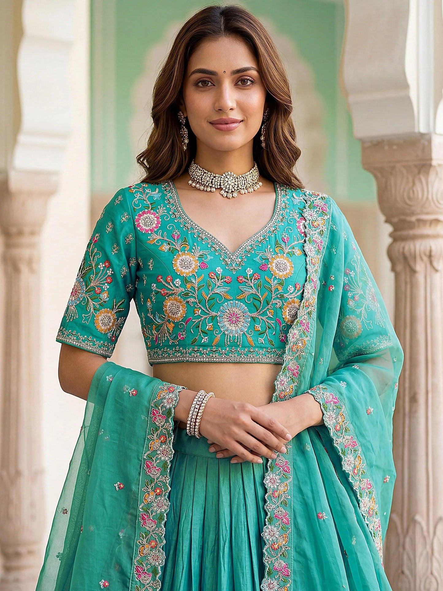 Tulsi Art Wonderful Sea Green Floral Embroidery Organza Lehenga Choli With Dupatta