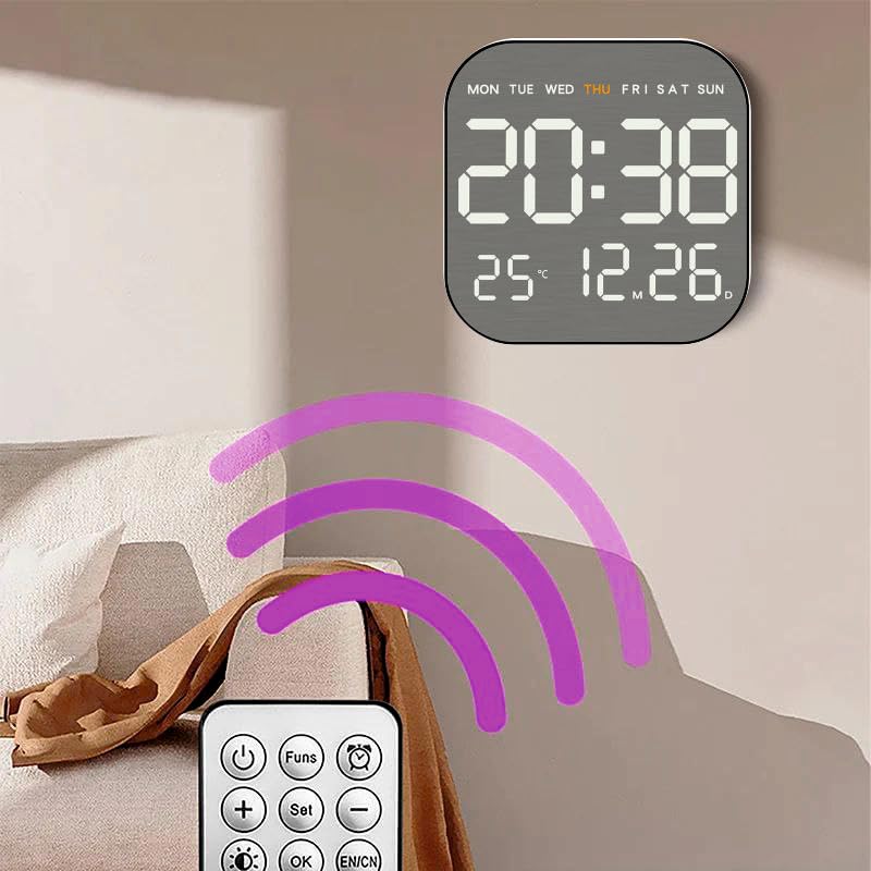 Large Digital LED Wall Clock with Remote Control, Gray, USB Powered, Multi-Function Display