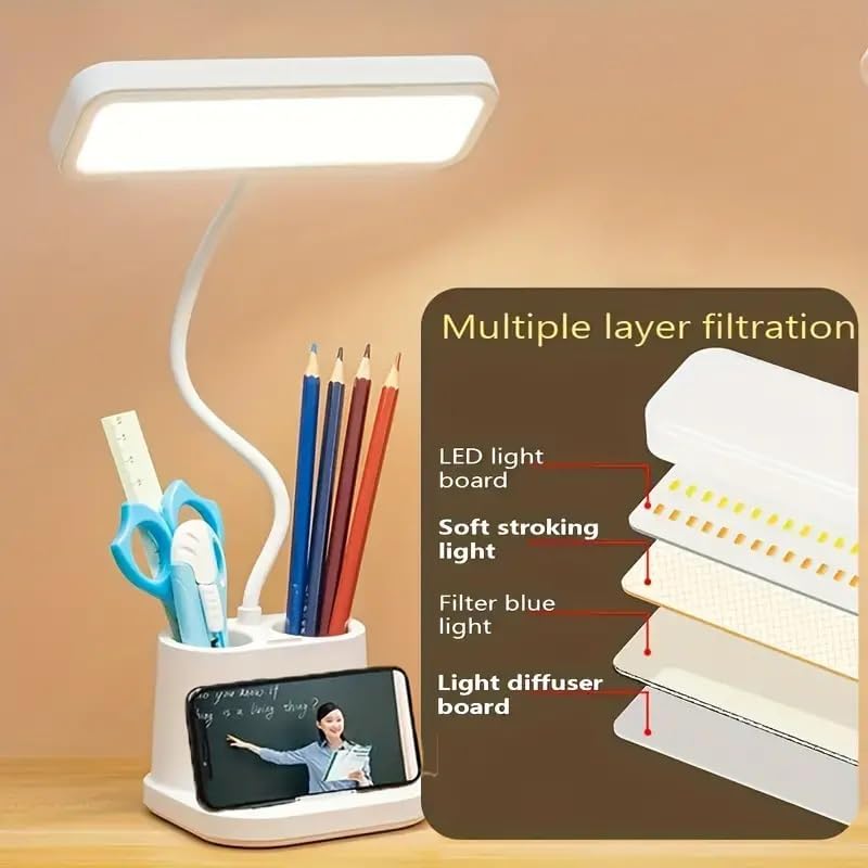 LED Desk Lamp with Touch Sensor & Pen Holder - Adjustable Neck, 3 Color Modes, USB Rechargeable