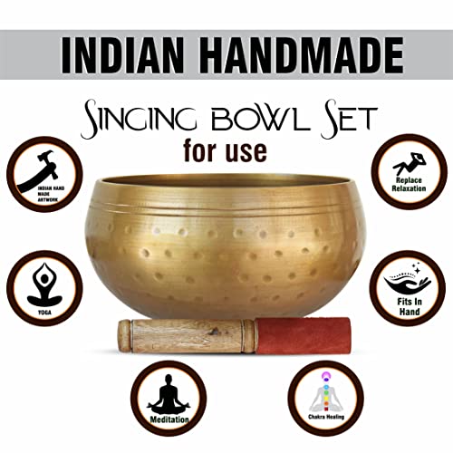 Brass Singing Bowl with Wooden Striker, Gold Finish, 5 Inch Diameter