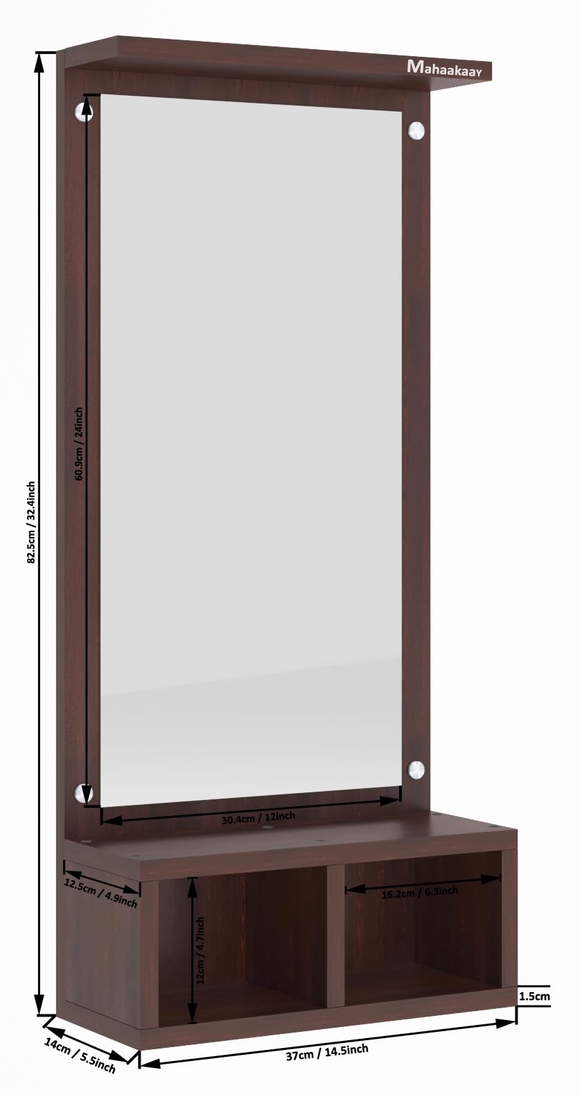 Wall Mounted Dressing Mirror with Storage - Engineered Wood - Wenge - 82.5 cm Height