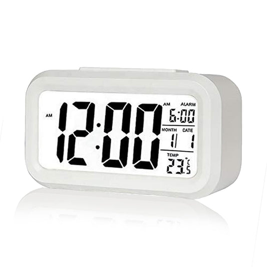 Digital Alarm Clock, Battery-Operated Small Desk Clock with Date, Indoor Temperature, Smart Night Light, LCD Electronic Clock for Bedroom, Home, or Office – White