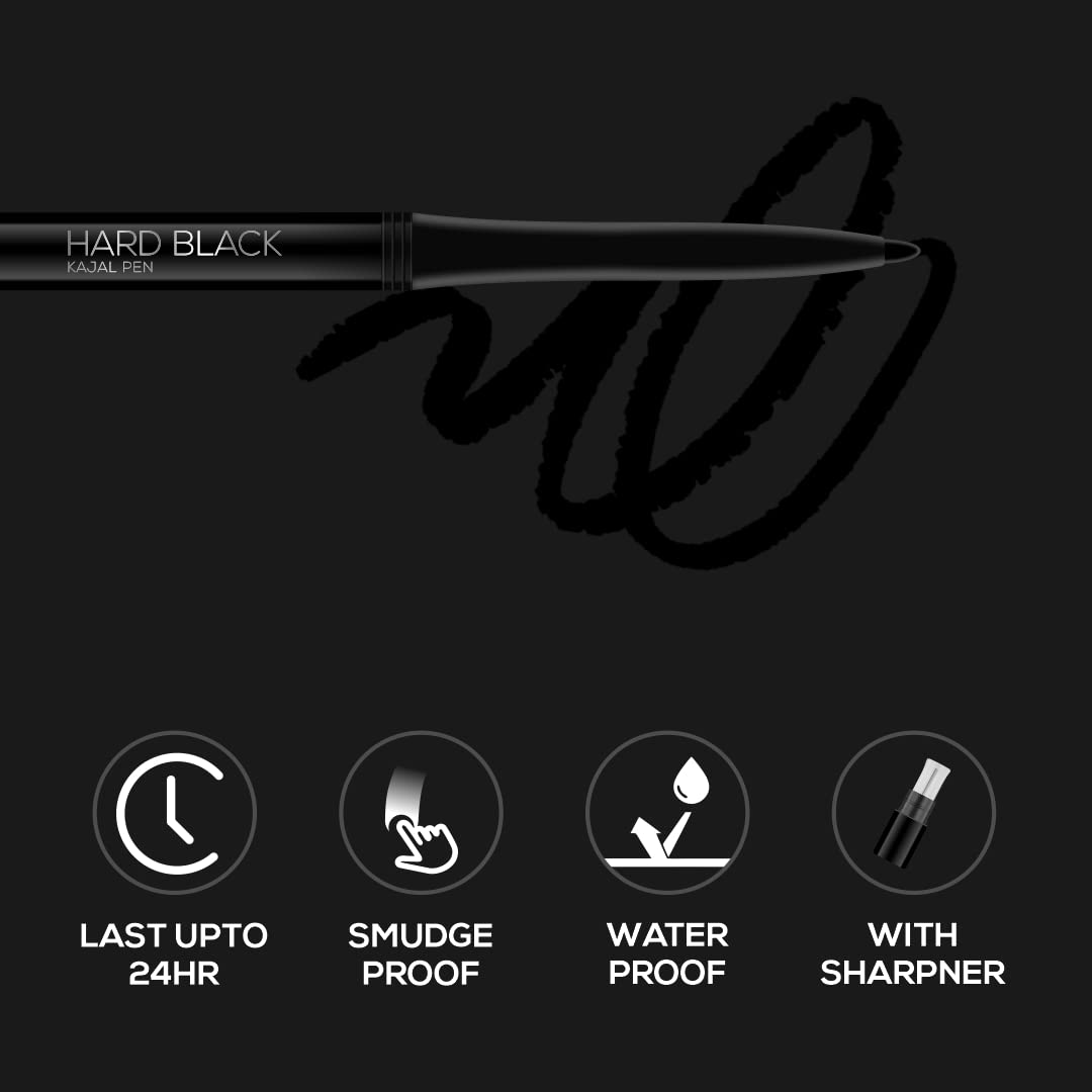 Hard Black Kajal Pen with Sharpener, 24hr Stay, 0.35g