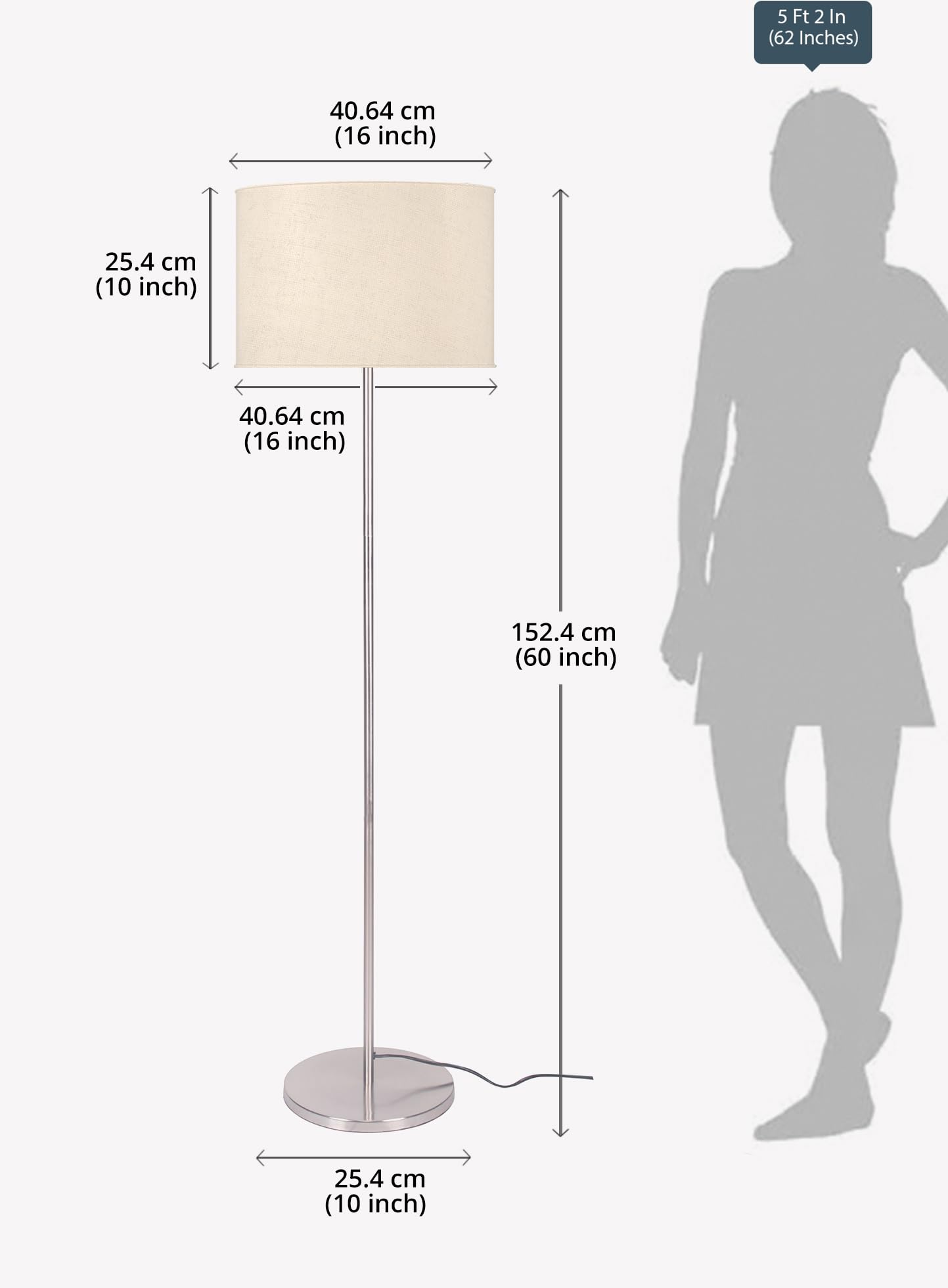LED Floor Lamp Modern Design Stainless Steel Finish 5Ft Height Off White Lampshade 16 Inches