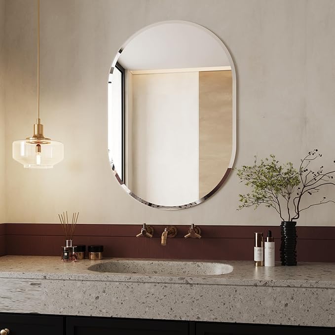 Frameless Oval Wall Mirror with Polished Edge - 14x20 Inch - Modern Design for Bathroom, Bedroom, Living Room