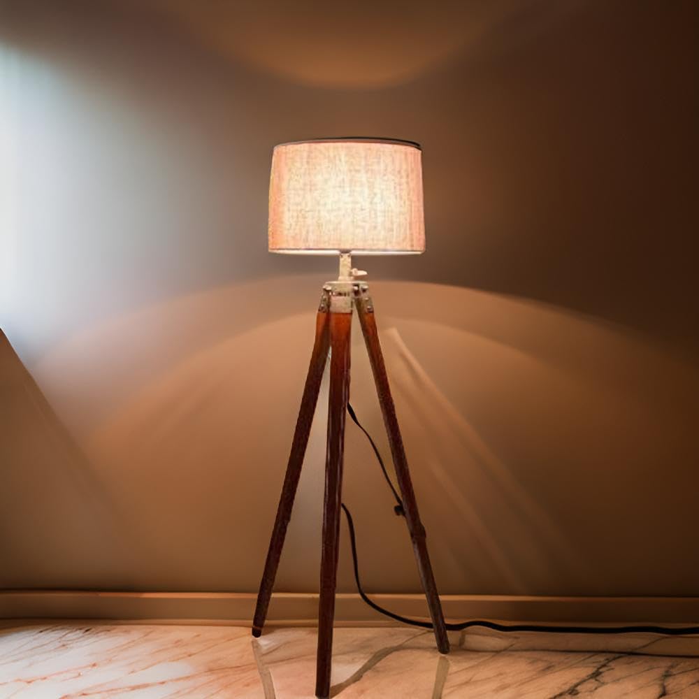 Floor Lamp with Built-in Storage - Wooden Teak in Classic Brown Finish - Modern Industrial Design