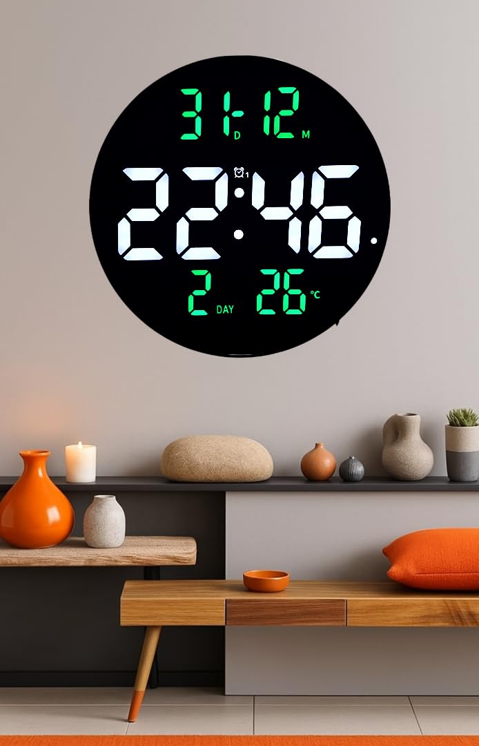 Smart Digital LED Wall Clock with Dual Alarms, 12 Inch, USB Powered, Temperature and Humidity Display