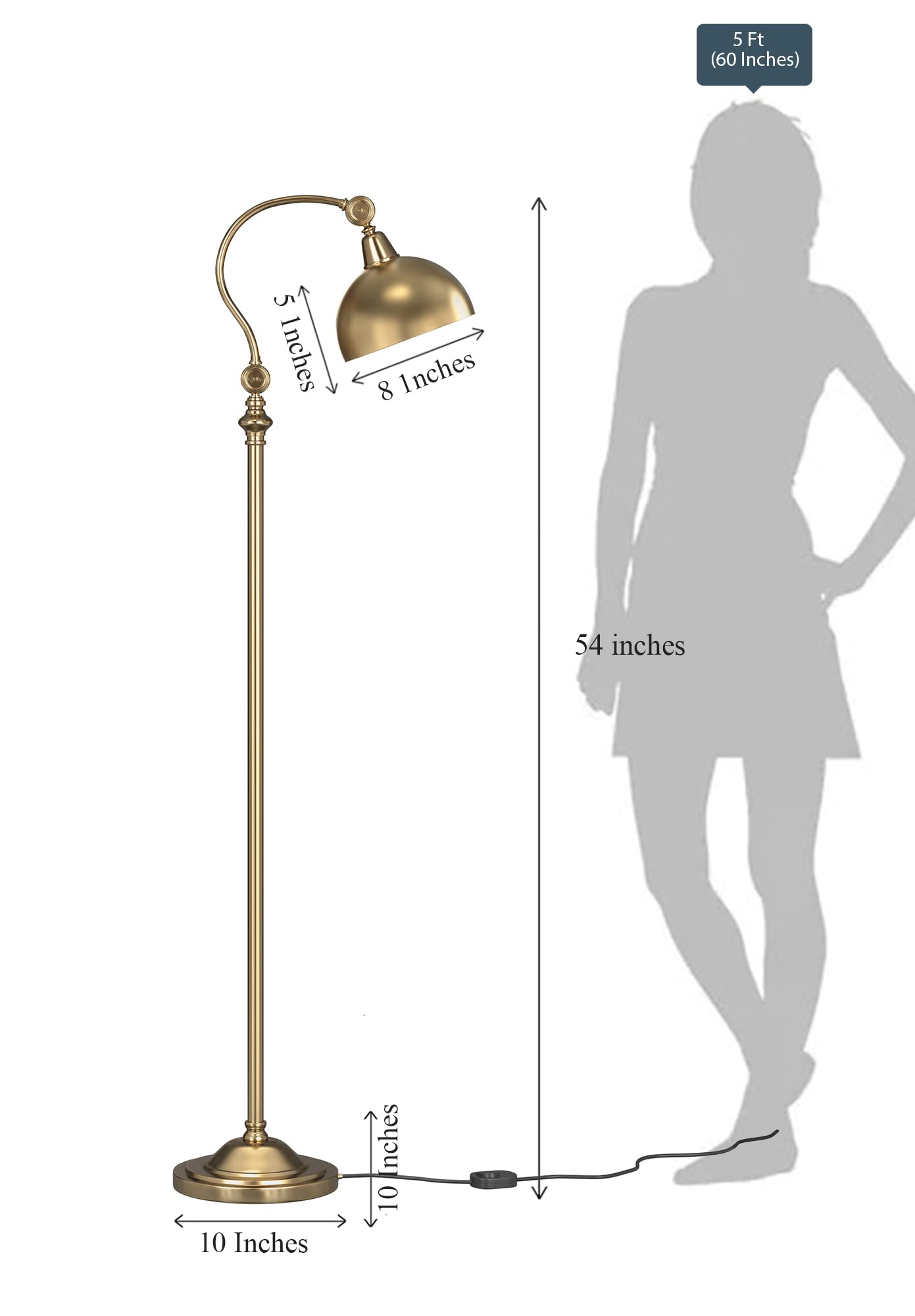 Floor Lamp Vintage Brass Antique Finish Adjustable Dome Shade 150cm