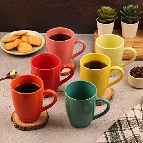 Coffee Mug Set of 6 - Handcrafted Ceramic, 280ml, Stackable, Chip Resistant, Large Handle