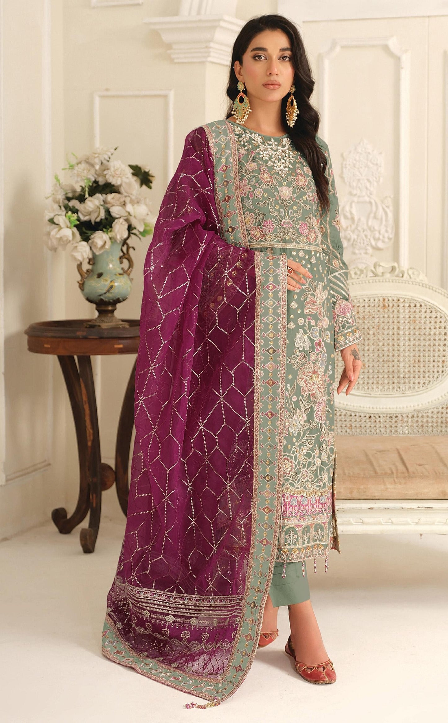 Anaita Green Chiffon Suit with Embroidery & Sequence Work