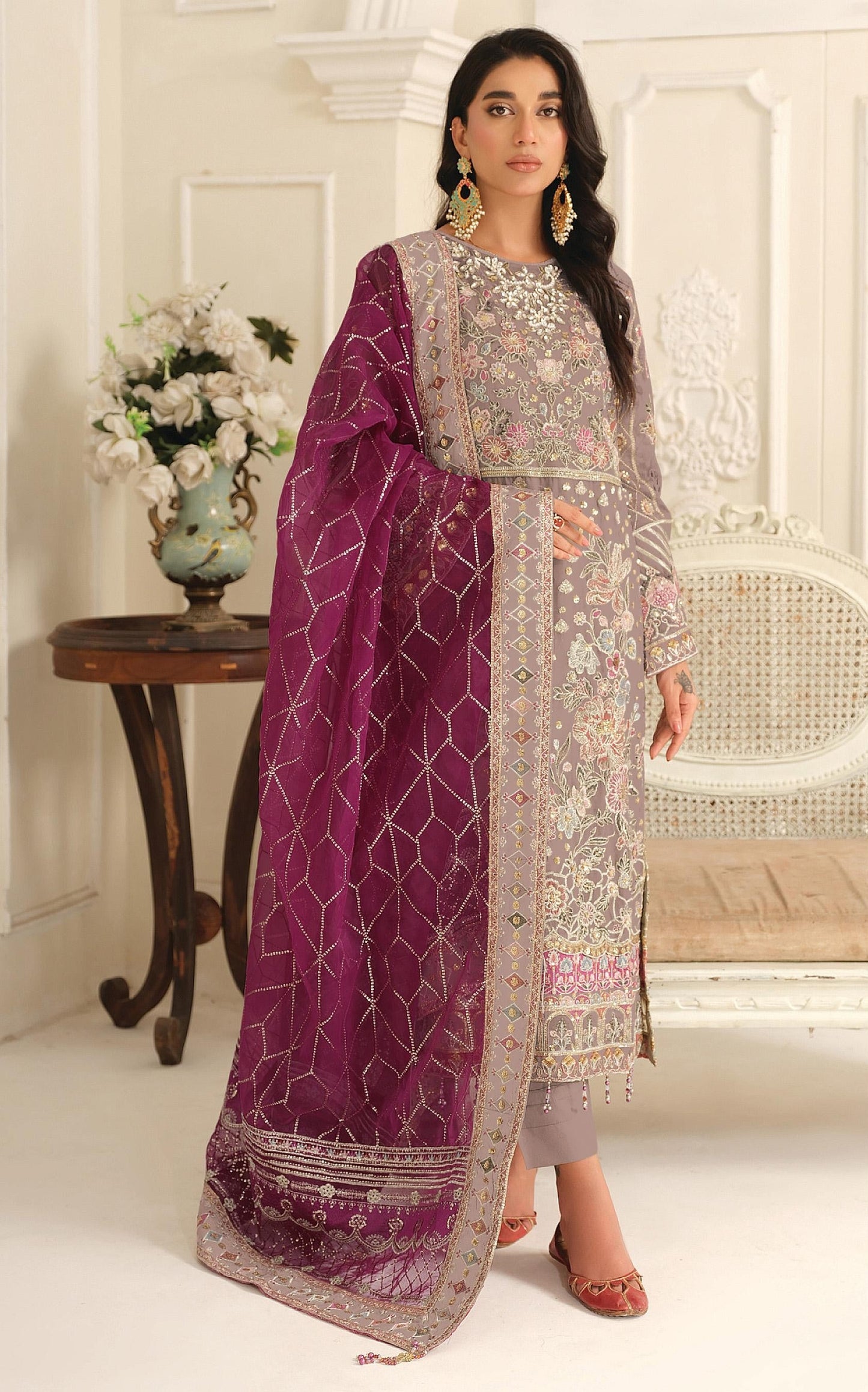 Anaita Brown Chiffon Suit with Embroidery & Sequence Work