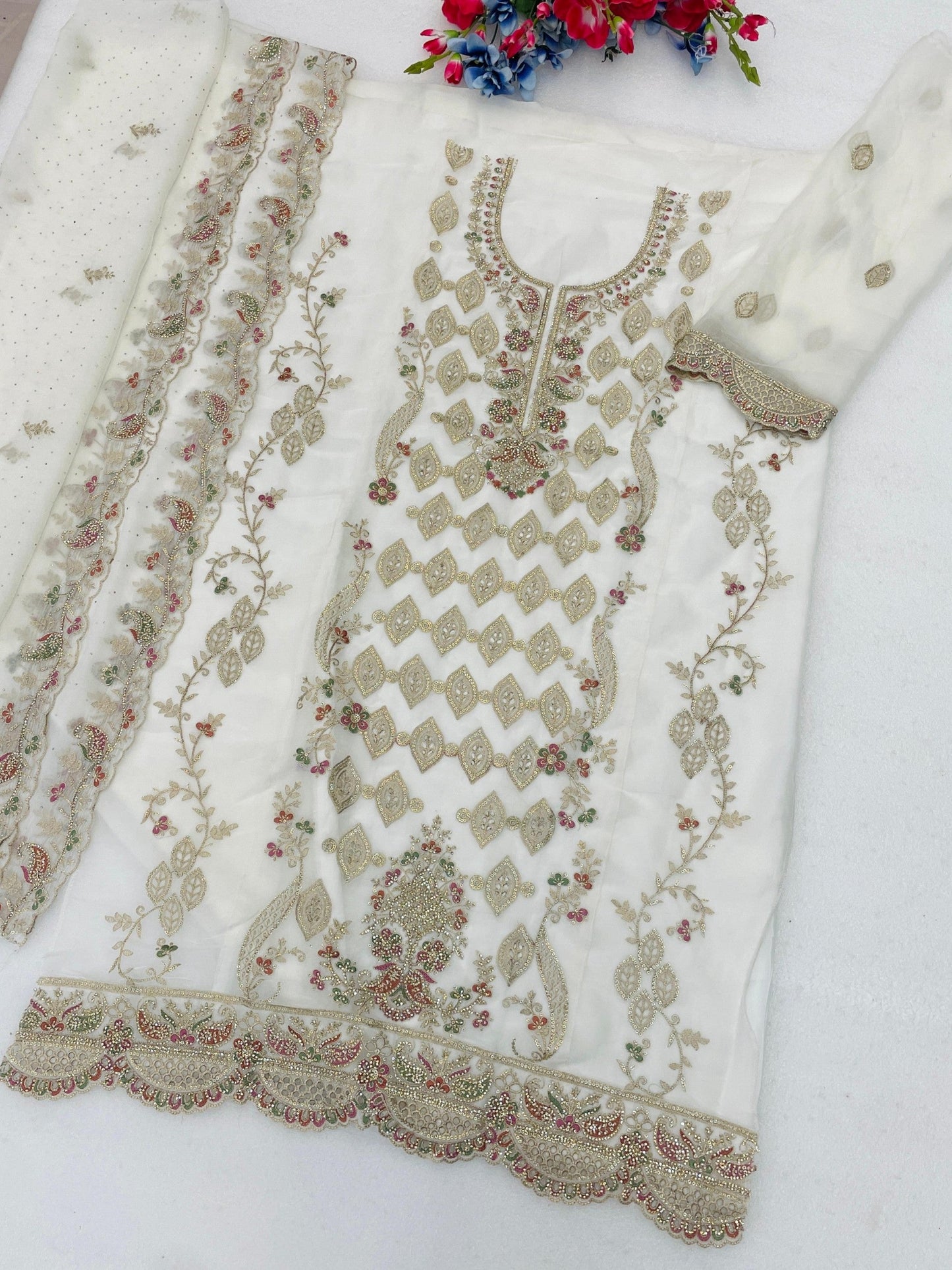 Anaita White Silk Suit with Embroidery & Sequence Work