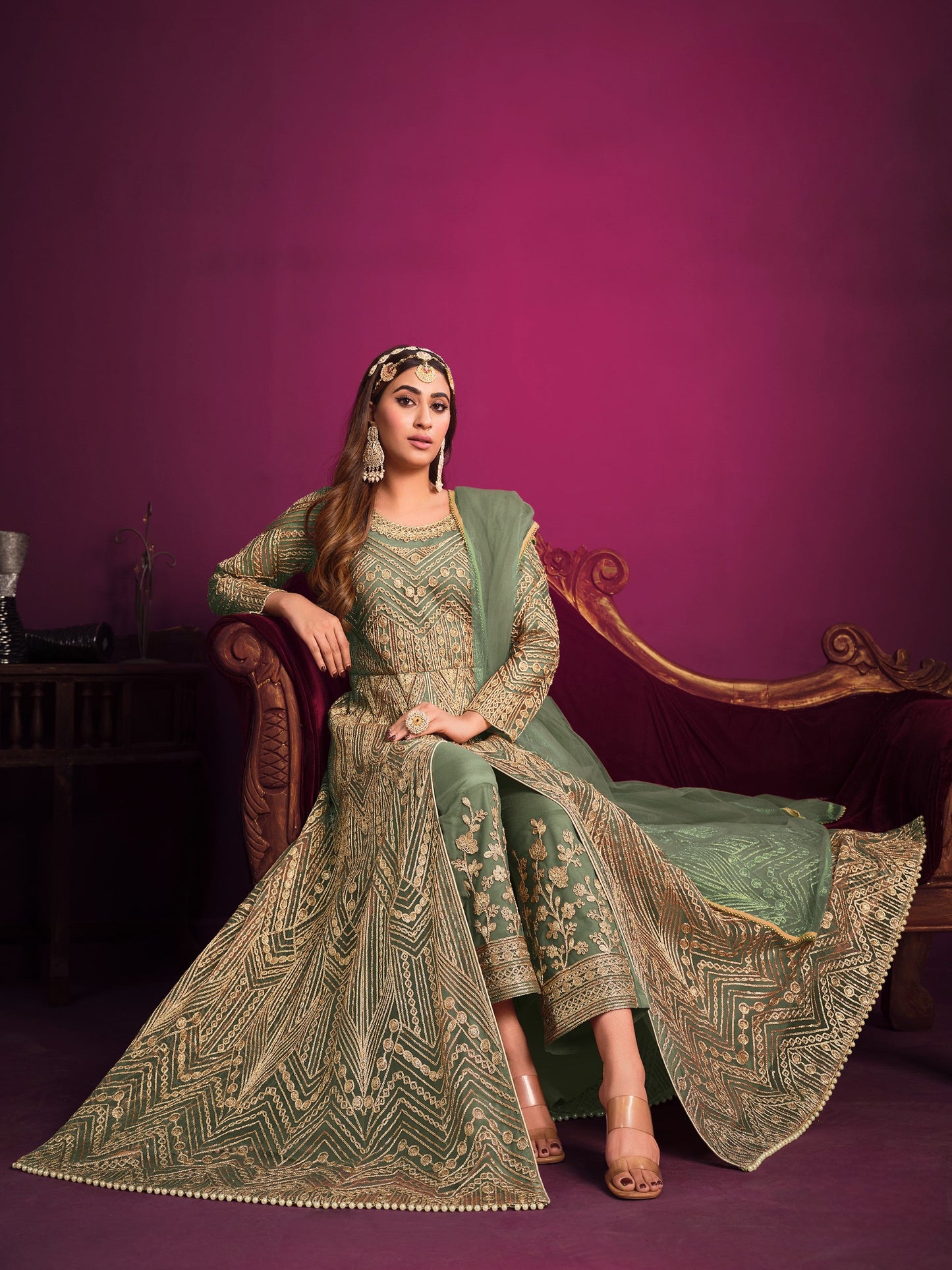 Anaita Green Embroidered Net Anarkali Suit