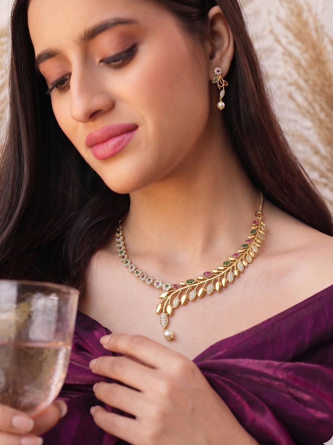 Jiva Leaf Motif Golden Elegance Necklace Set