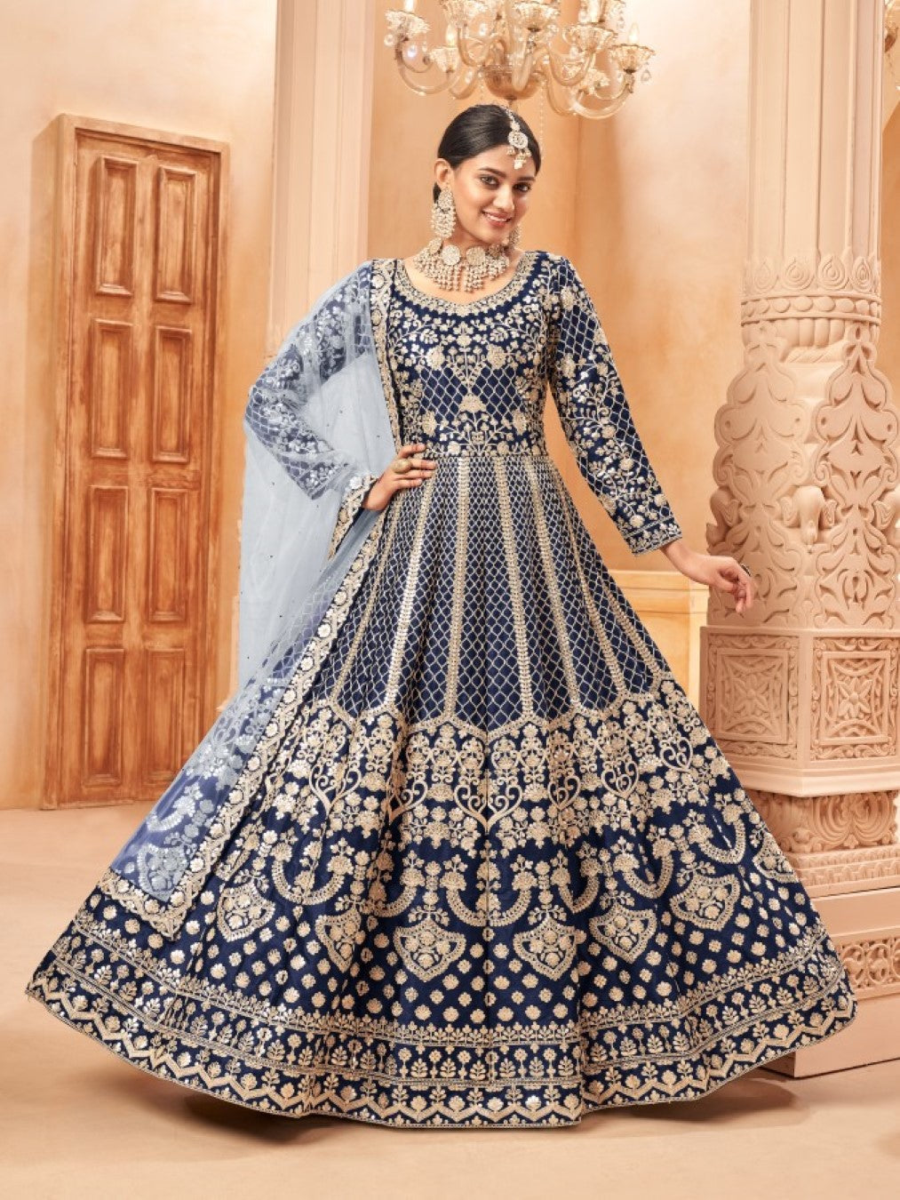 Anaita Navy Blue Embroidered Art Silk Anarkali Suit