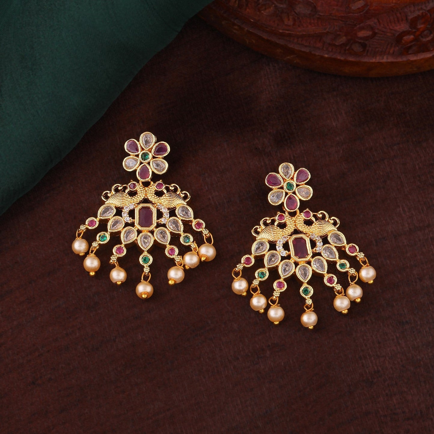 Estele Gold Plated CZ Flower Designer Earrings with Pearls for Women