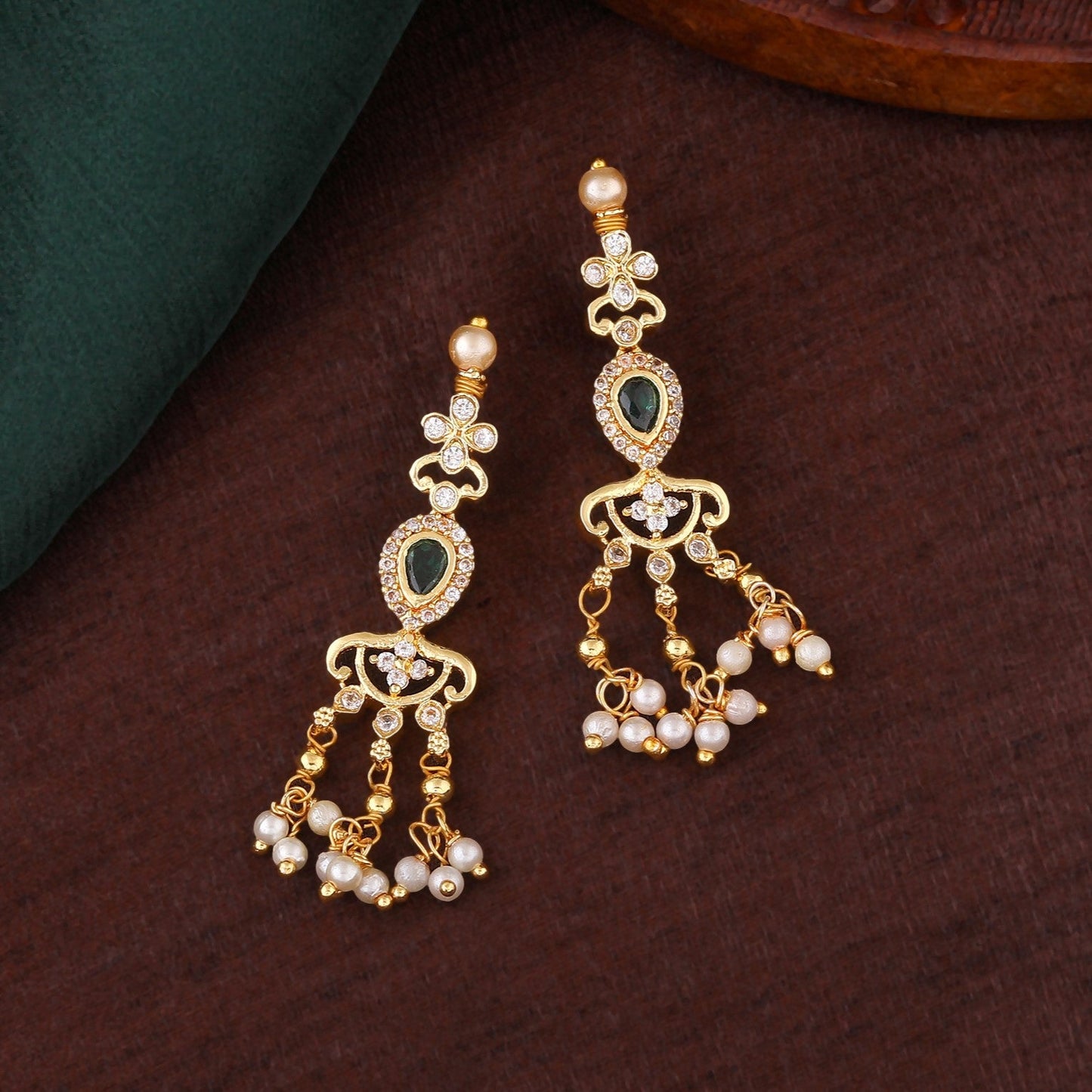 Estele Gold Plated CZ Glamorous Designer Earrings with Pearls for Women