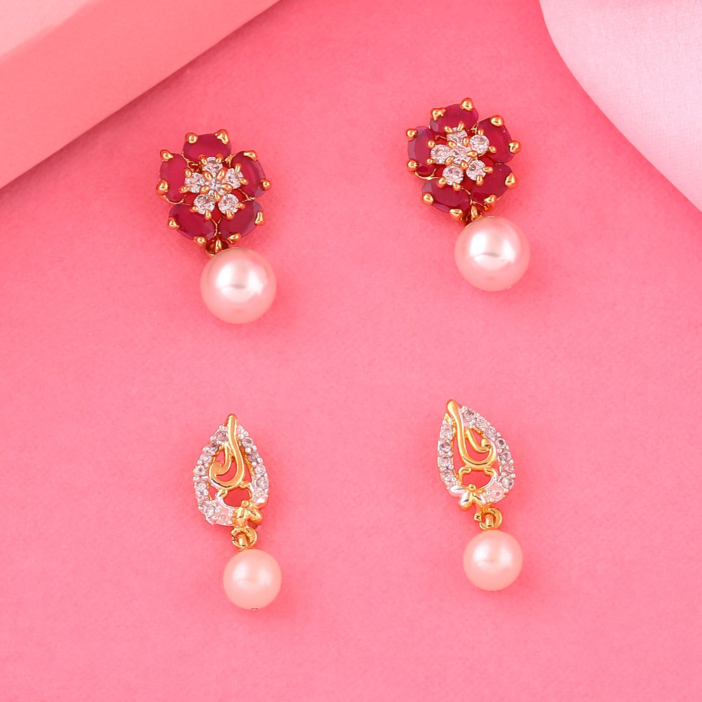 Estele Valentines Day Gift For Wife Gold Plated White Pearl Drop Earrings with American Diamonds for Girls & Women