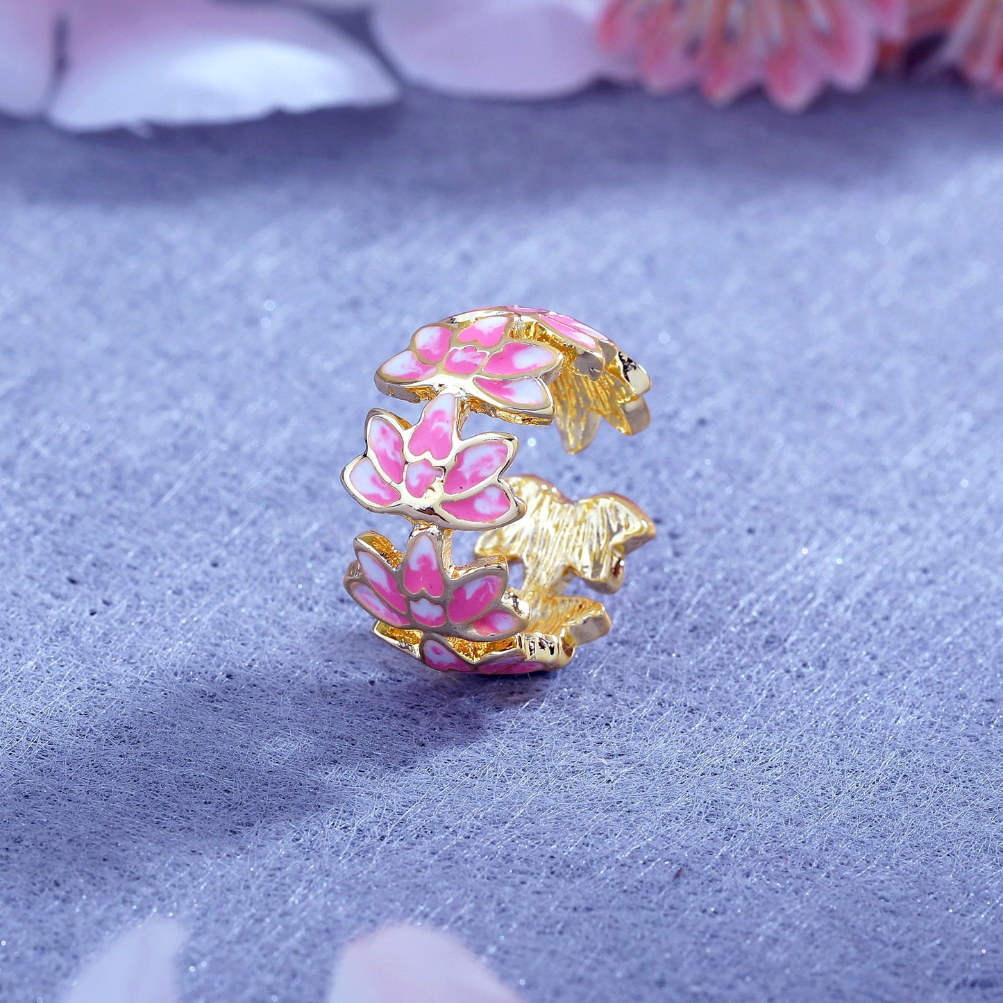 Estele Gold Plated Exquisite Lotus Designer Adjustable Finger Ring with Pink Enamel for Girl's & Women