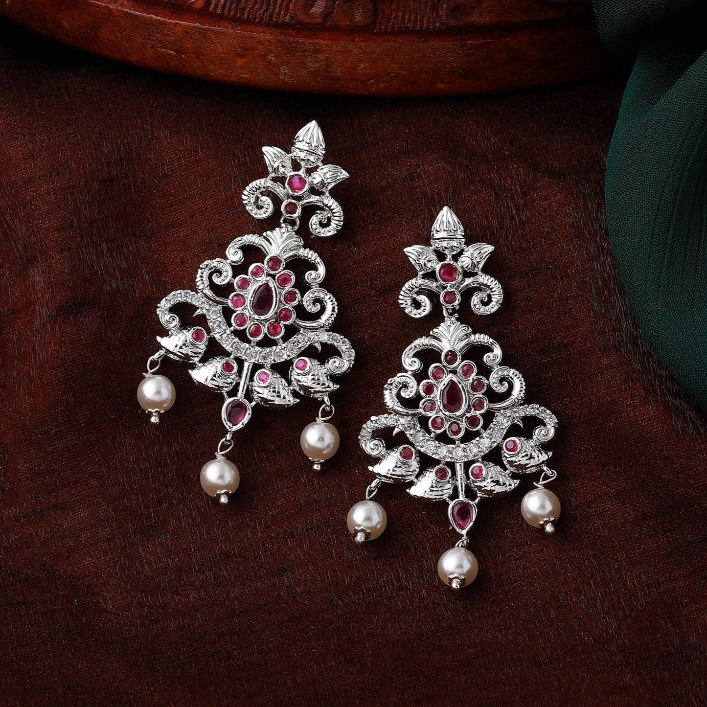 Estele Rhodium Plated CZ Swirling Symphony Earrings with Pearl & Pink Crystals for Women