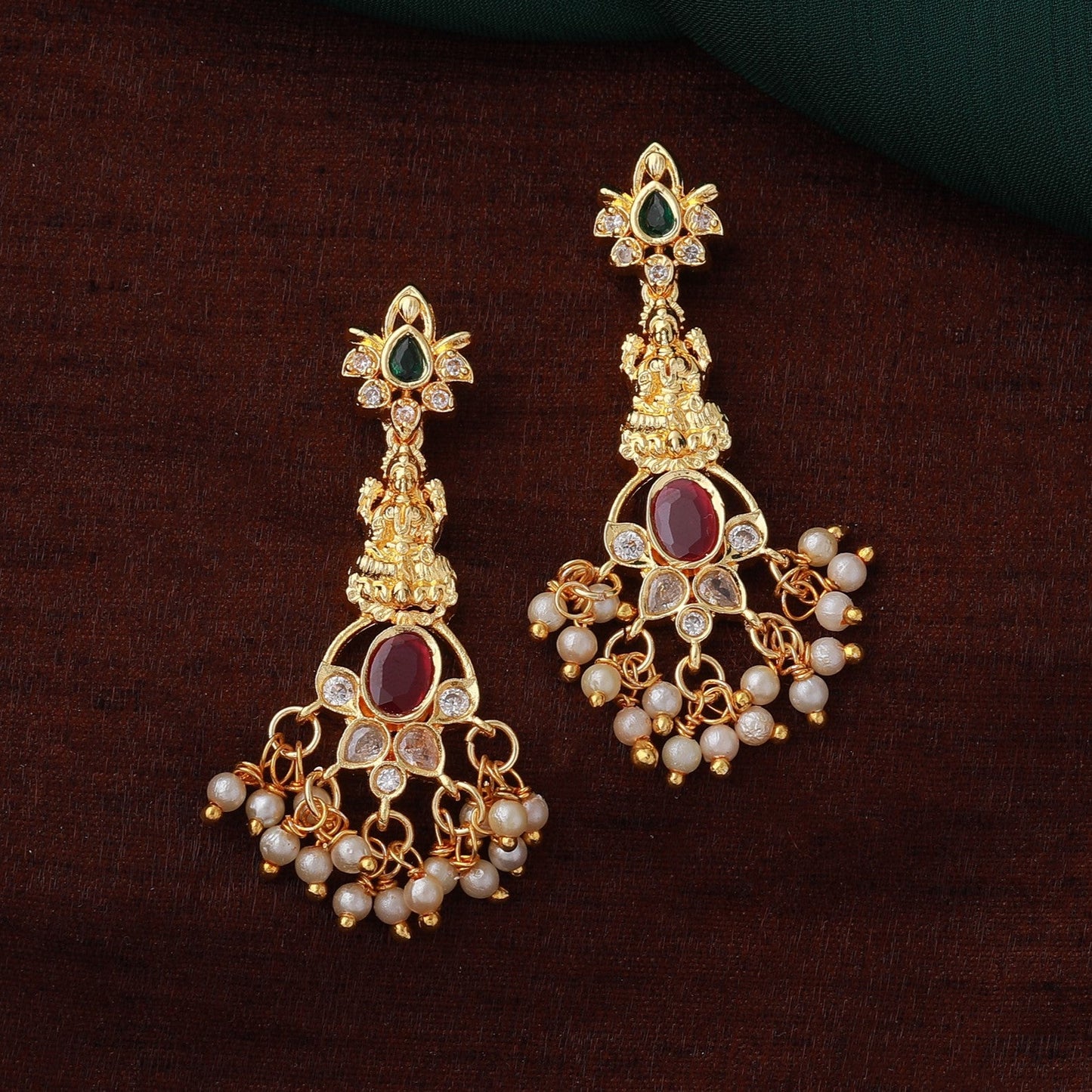 Estele Gold Plated CZ Lakshmi Devi Designer Dangle Earrings with White Pearls for Women