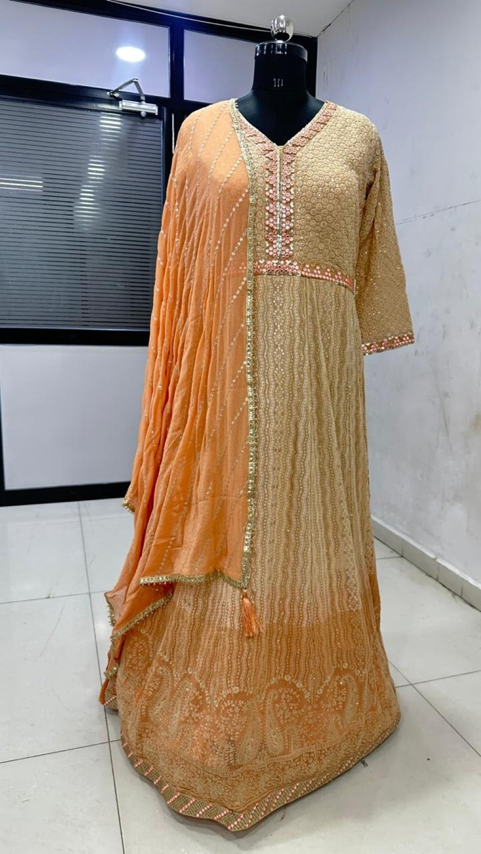 Anaita Peach Georgette Stitched Anarkali Suit with Embroidery & Sequence Work