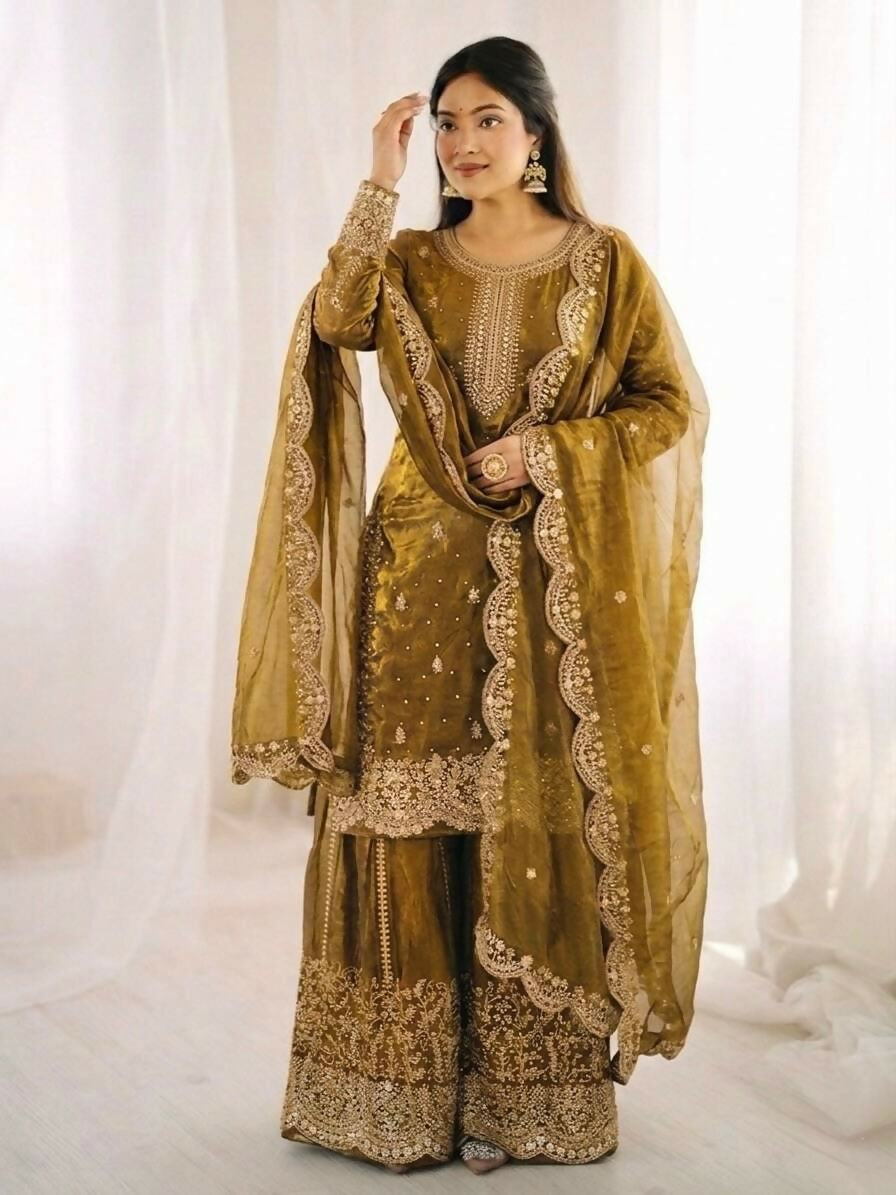 Teeya Creation Womens New Trendy Embroidery Coding And Sequence Work Gold Kurta Set